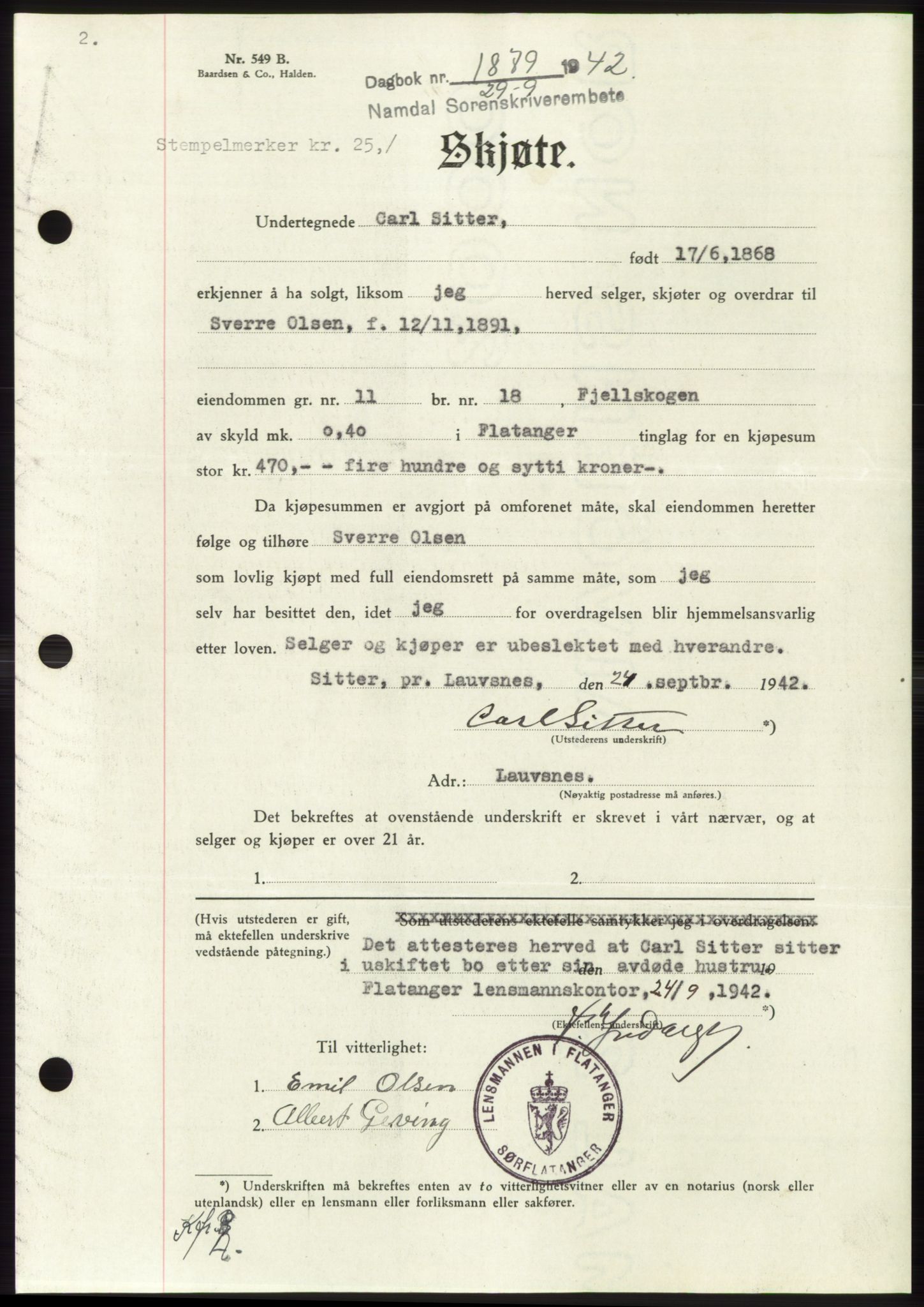 Namdal sorenskriveri, SAT/A-4133/1/2/2C: Pantebok nr. -, 1942-1943, Dagboknr: 1879/1942