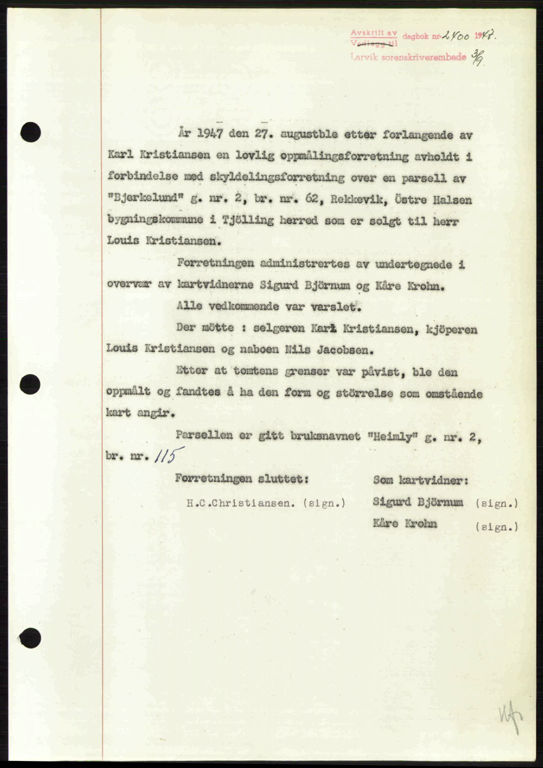 Larvik sorenskriveri, SAKO/A-83/G/Ga/Gab/L0085: Pantebok nr. A-19, 1947-1948, Dagboknr: 2400/1947
