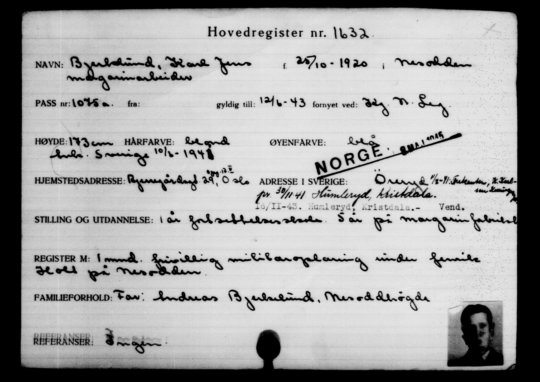 Utenriksstasjonene, Legasjonen i Stockholm, Flyktningkontoret, AV/RA-S-6753/V/Va/L0002: Kjesäterkartoteket, flyktninger med registreringsnr. 1001-2000, 1940-1945, s. 904
