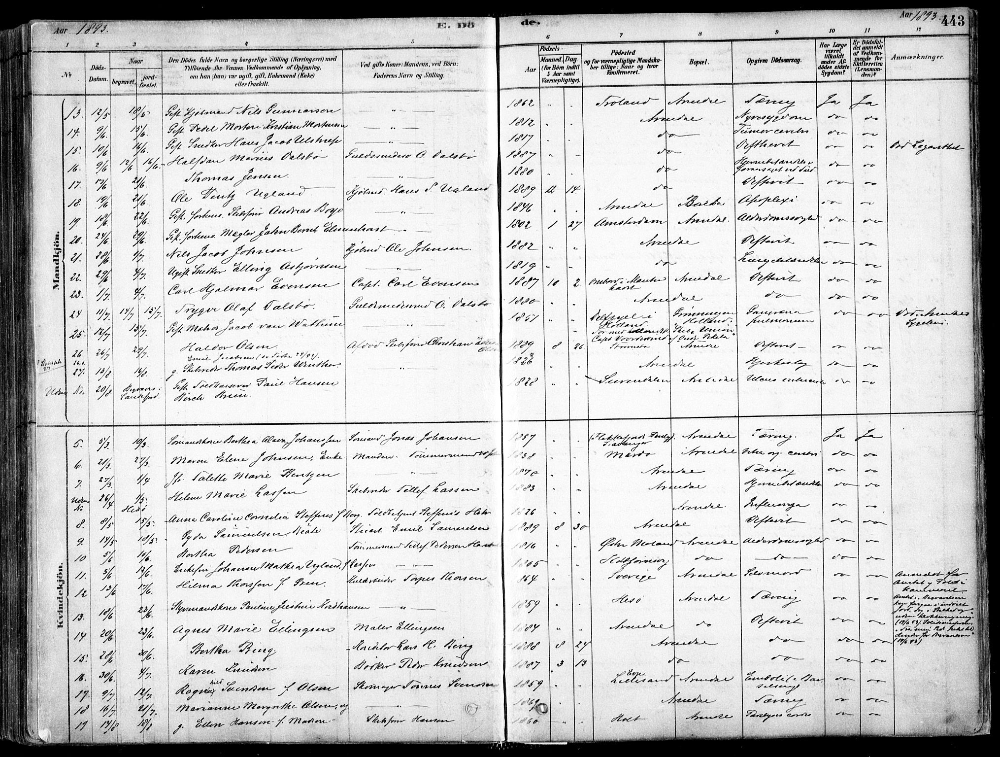 Arendal sokneprestkontor, Trefoldighet, AV/SAK-1111-0040/F/Fa/L0008: Ministerialbok nr. A 8, 1878-1899, s. 443