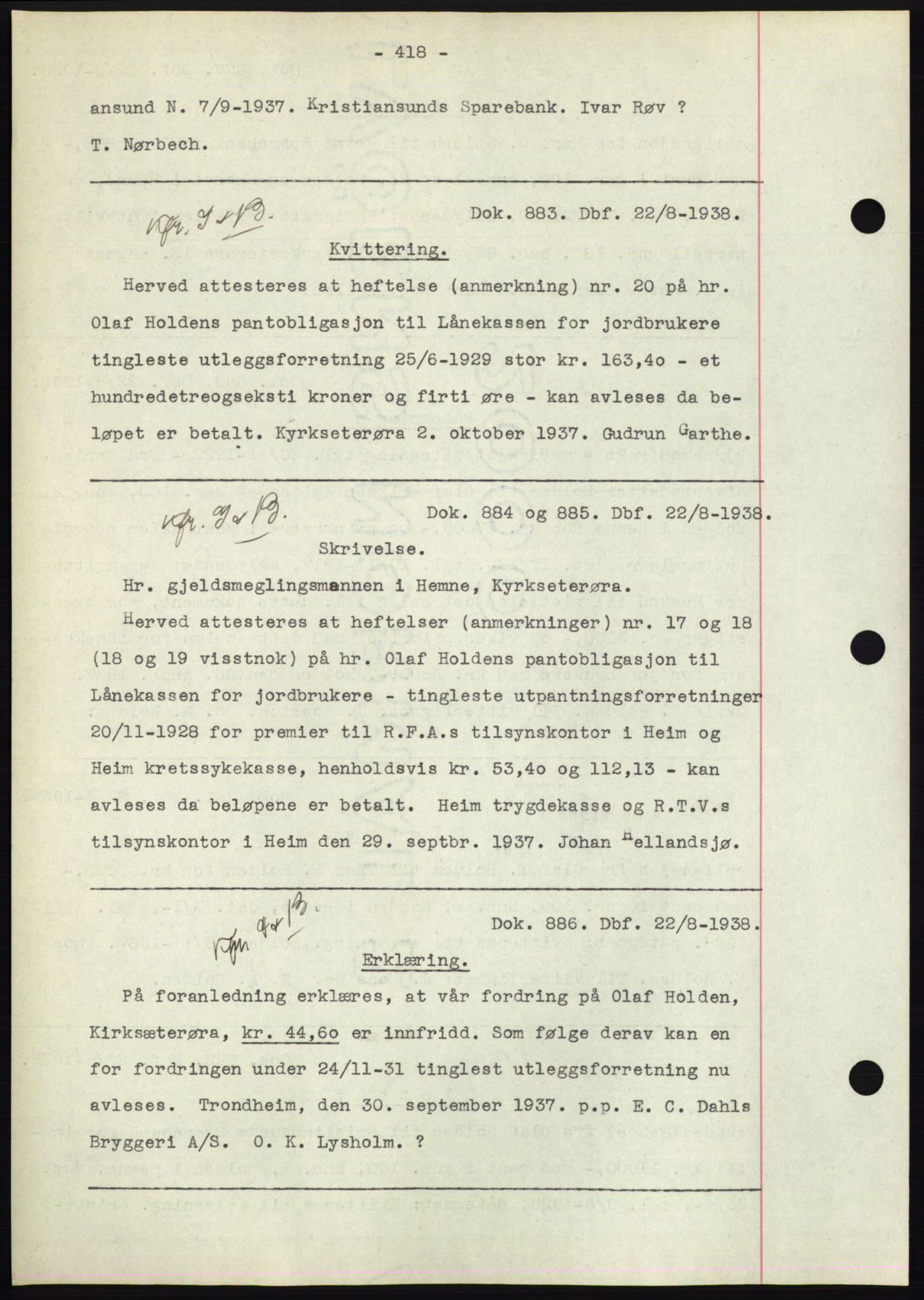Hitra sorenskriveri, AV/SAT-A-0018/2/2C/2Ca: Pantebok nr. C1, 1936-1945, Dagboknr: 883/1938