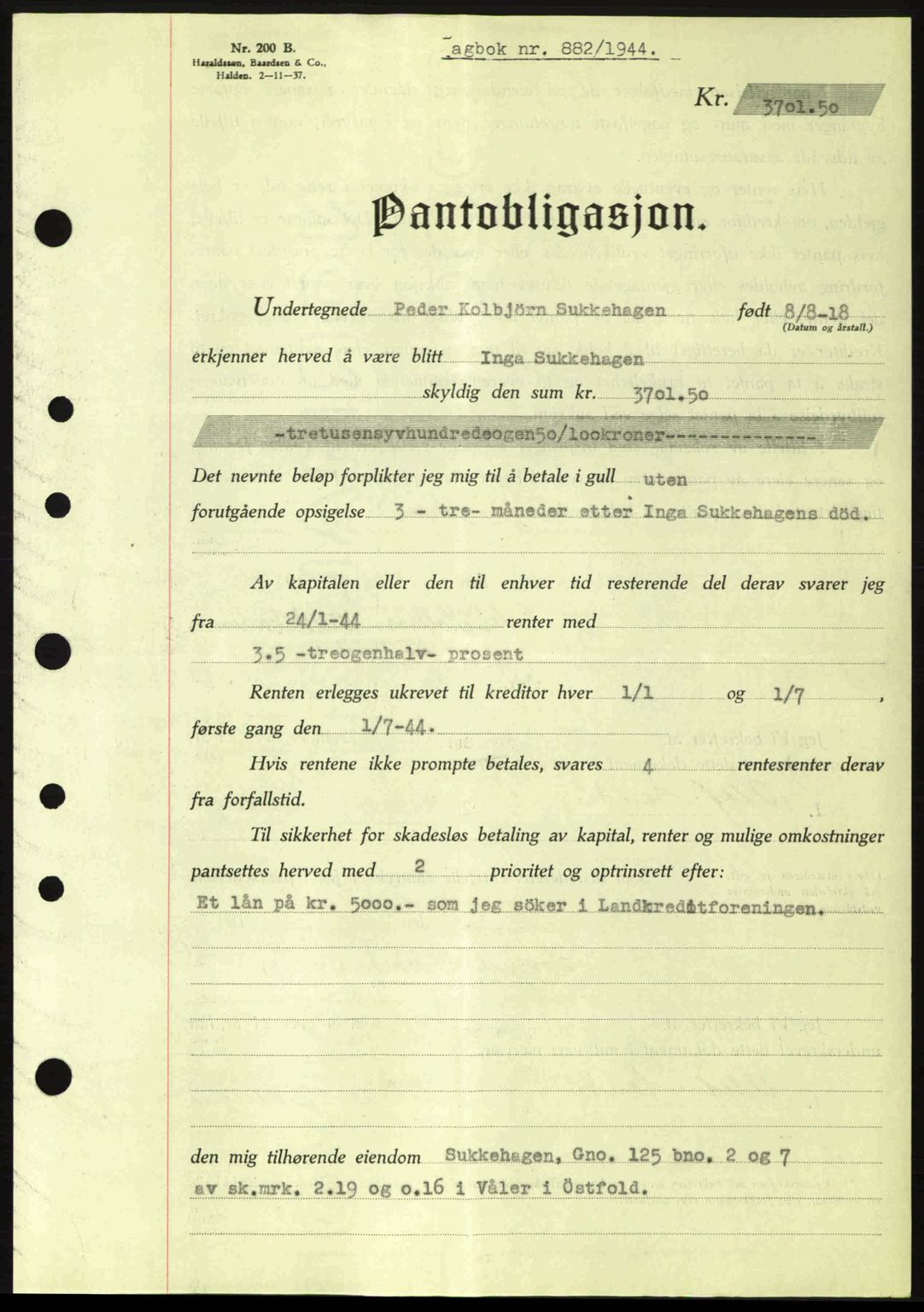 Moss sorenskriveri, SAO/A-10168: Pantebok nr. B13, 1943-1945, Dagboknr: 882/1944