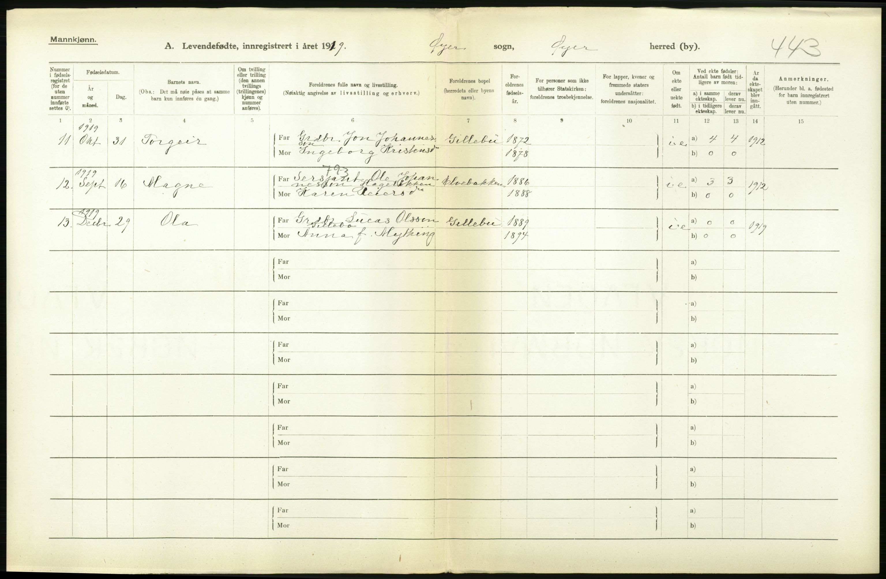 Statistisk sentralbyrå, Sosiodemografiske emner, Befolkning, RA/S-2228/D/Df/Dfb/Dfbi/L0014: Oppland fylke: Levendefødte menn og kvinner. Bygder og byer., 1919, s. 274