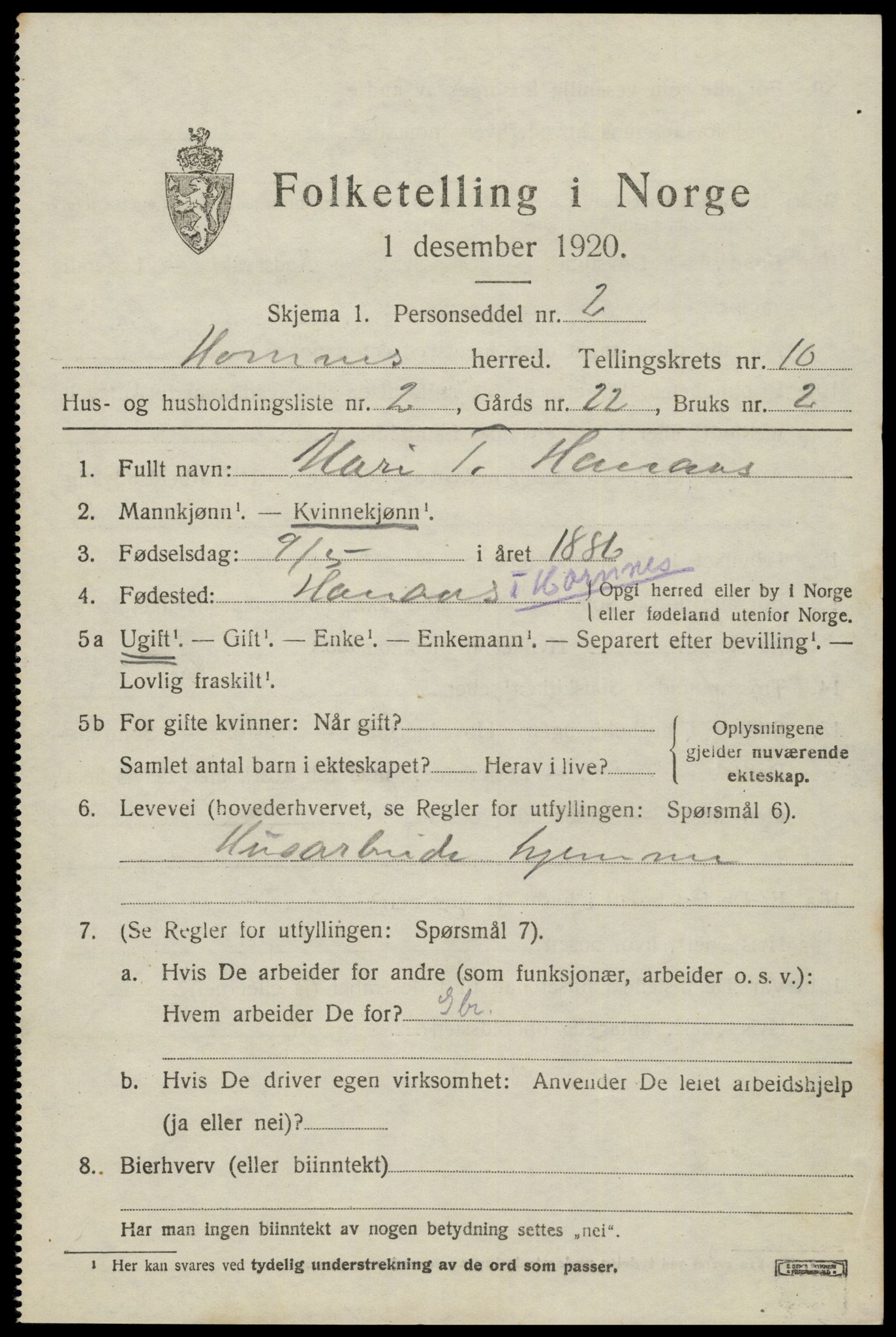 SAK, Folketelling 1920 for 0936 Hornnes herred, 1920, s. 2521