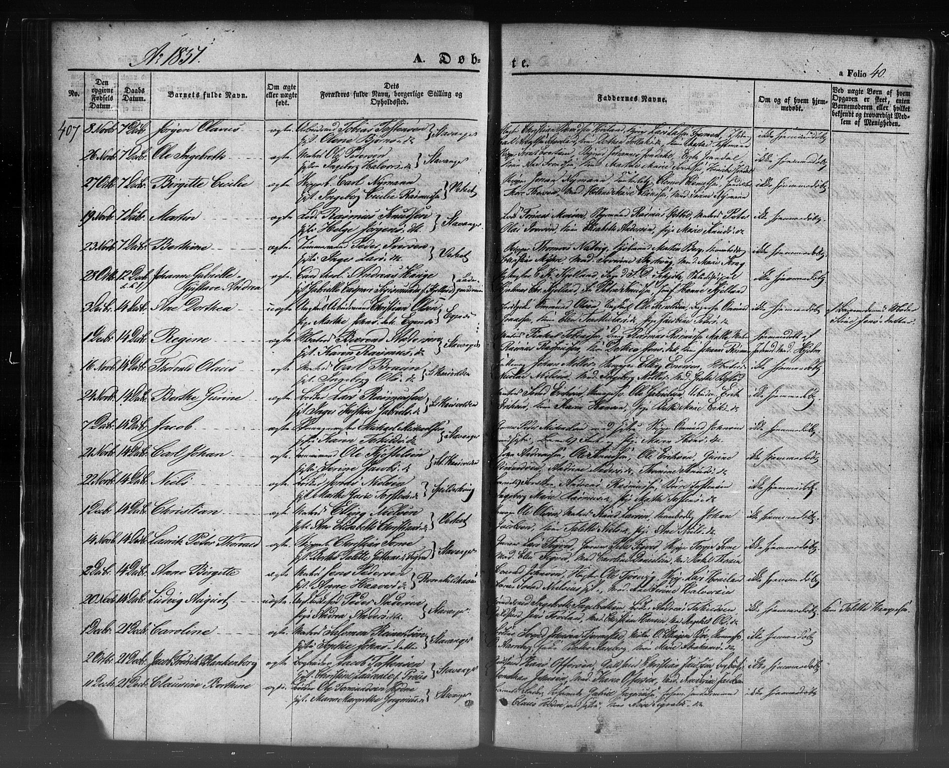 Domkirken sokneprestkontor, AV/SAST-A-101812/001/30/30BB/L0009: Klokkerbok nr. B 9, 1850-1858, s. 40