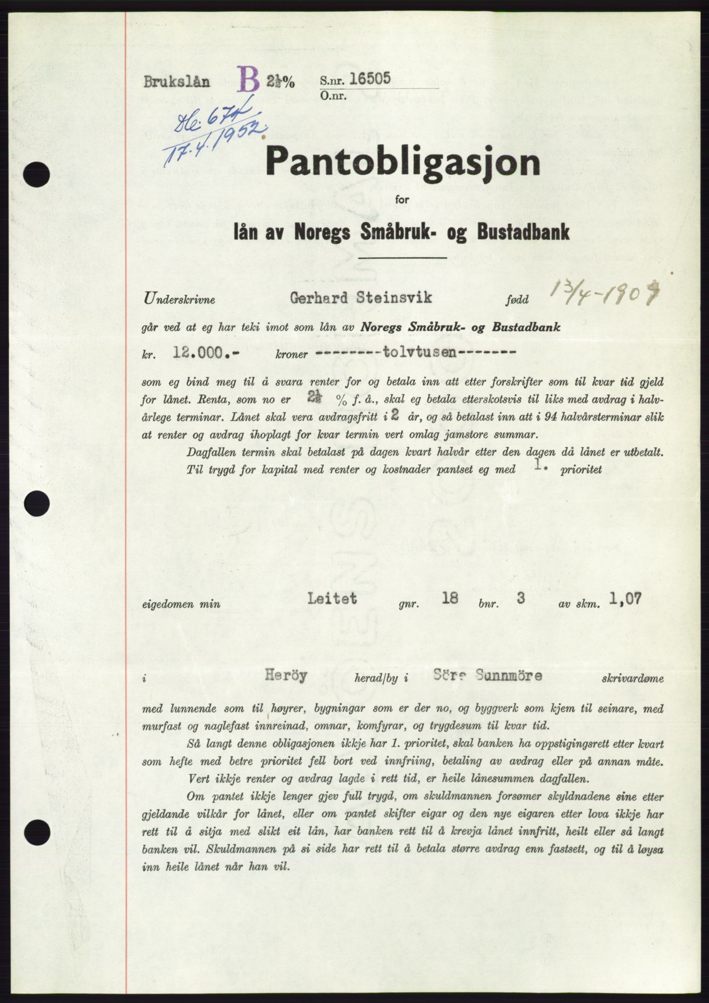 Søre Sunnmøre sorenskriveri, AV/SAT-A-4122/1/2/2C/L0121: Pantebok nr. 9B, 1951-1952, Dagboknr: 674/1952