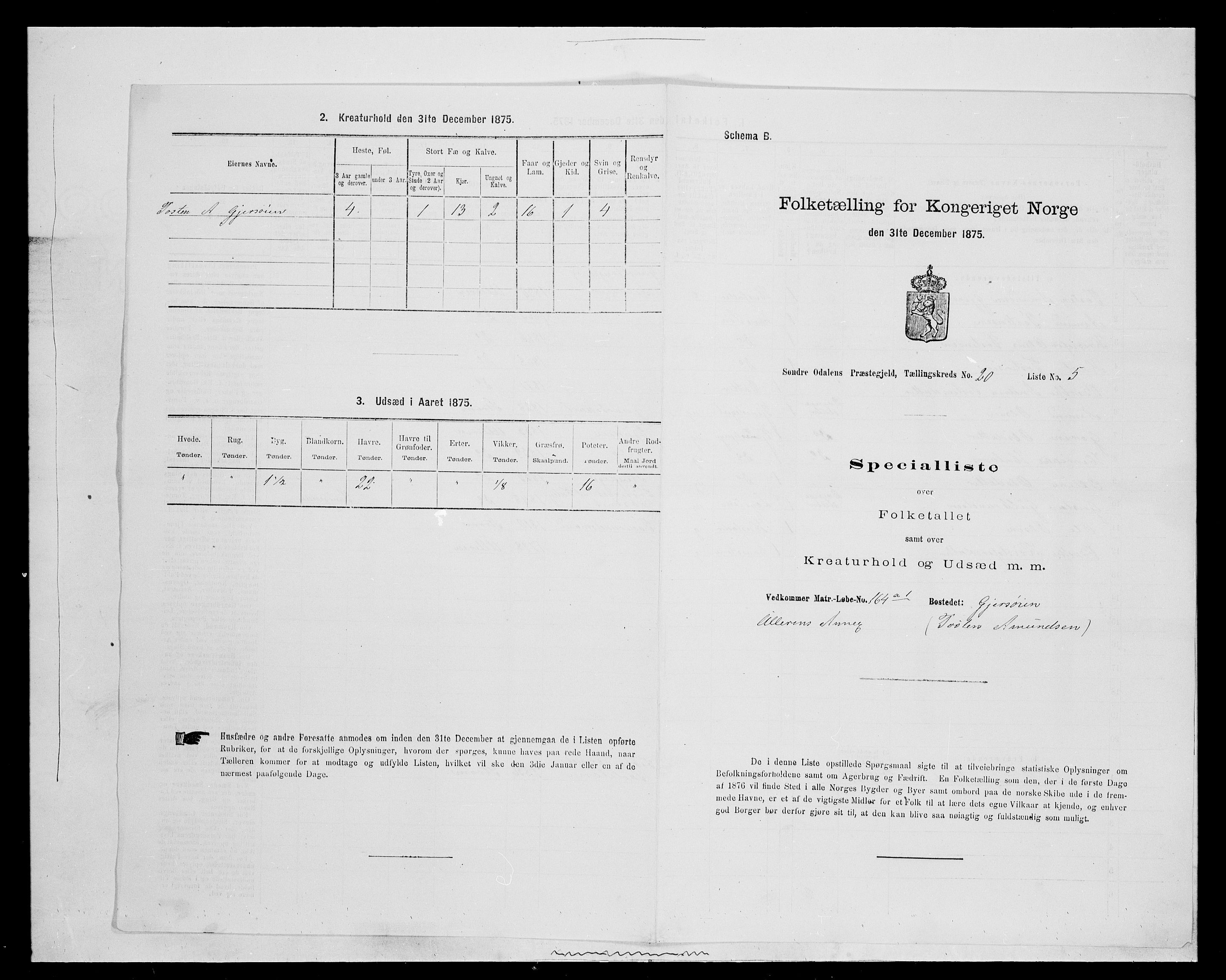 SAH, Folketelling 1875 for 0419P Sør-Odal prestegjeld, 1875, s. 1654