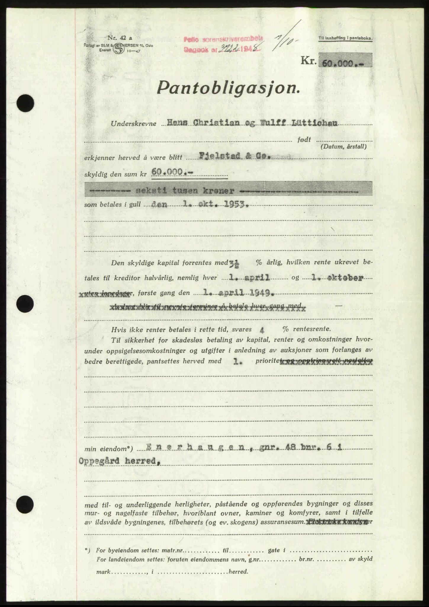 Follo sorenskriveri, SAO/A-10274/G/Ga/Gaa/L0085: Pantebok nr. I 85, 1948-1948, Dagboknr: 3722/1948