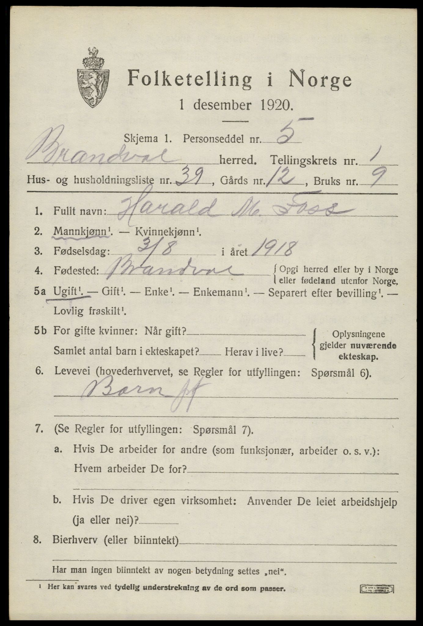 SAH, Folketelling 1920 for 0422 Brandval herred, 1920, s. 2020