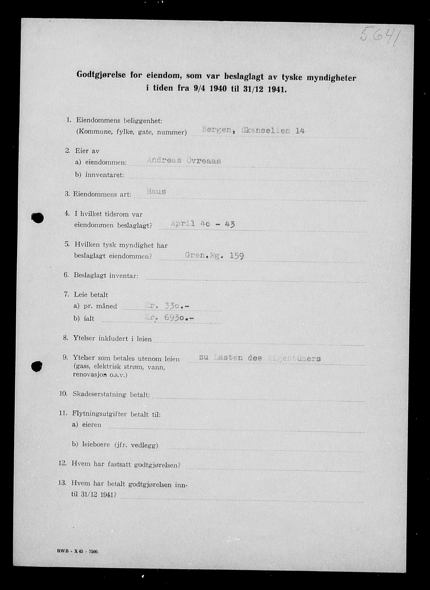 Justisdepartementet, Tilbakeføringskontoret for inndratte formuer, RA/S-1564/I/L1016: Godtgjørelse for beslaglagt eiendom, 1940-1941, s. 271