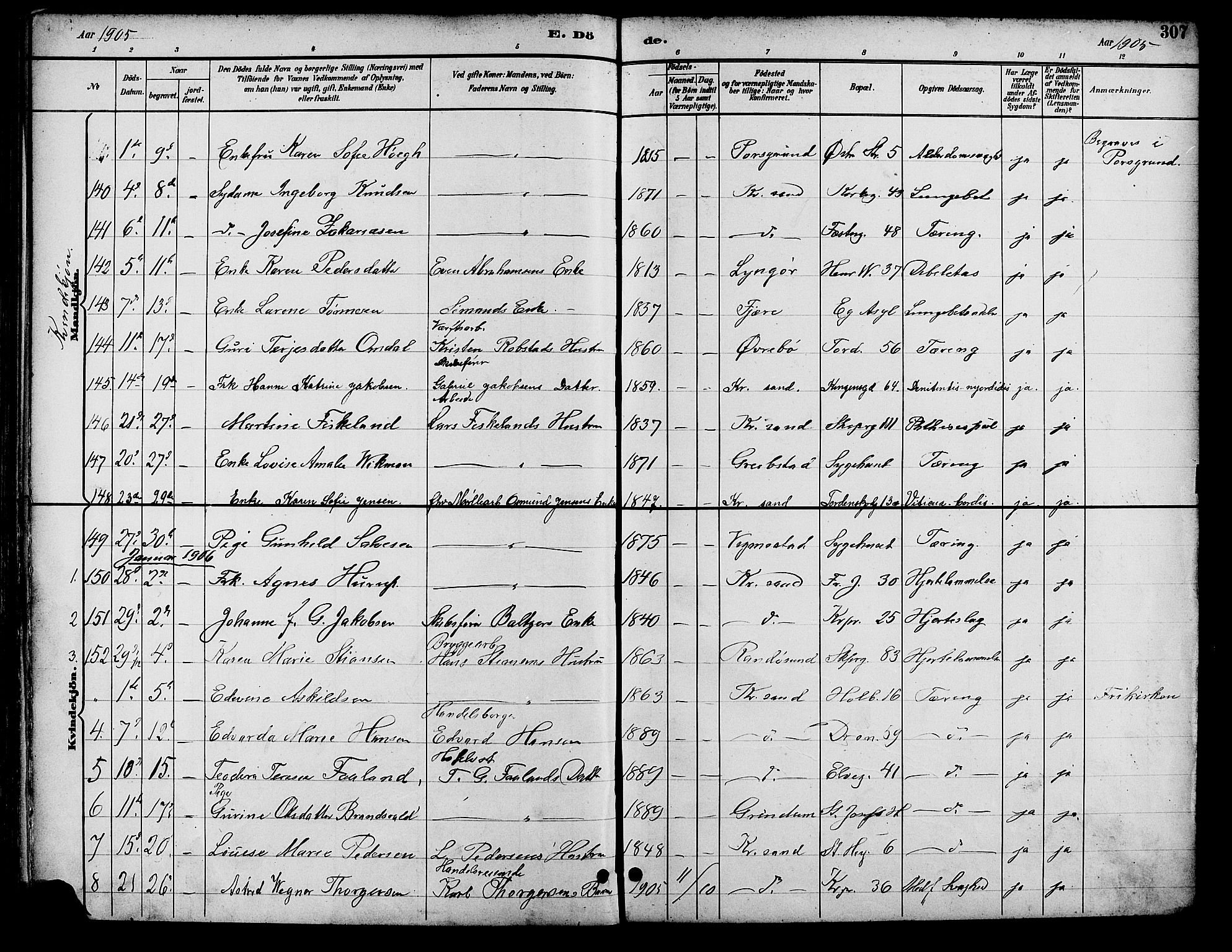 Kristiansand domprosti, AV/SAK-1112-0006/F/Fb/L0017: Klokkerbok nr. B 17, 1893-1906, s. 307