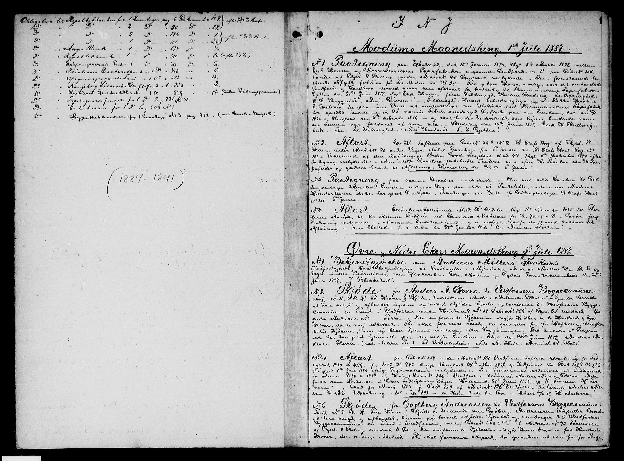 Eiker, Modum og Sigdal sorenskriveri, SAKO/A-123/G/Ga/Gaa/L0020: Pantebok nr. I 20, 1887-1891, s. 0-1