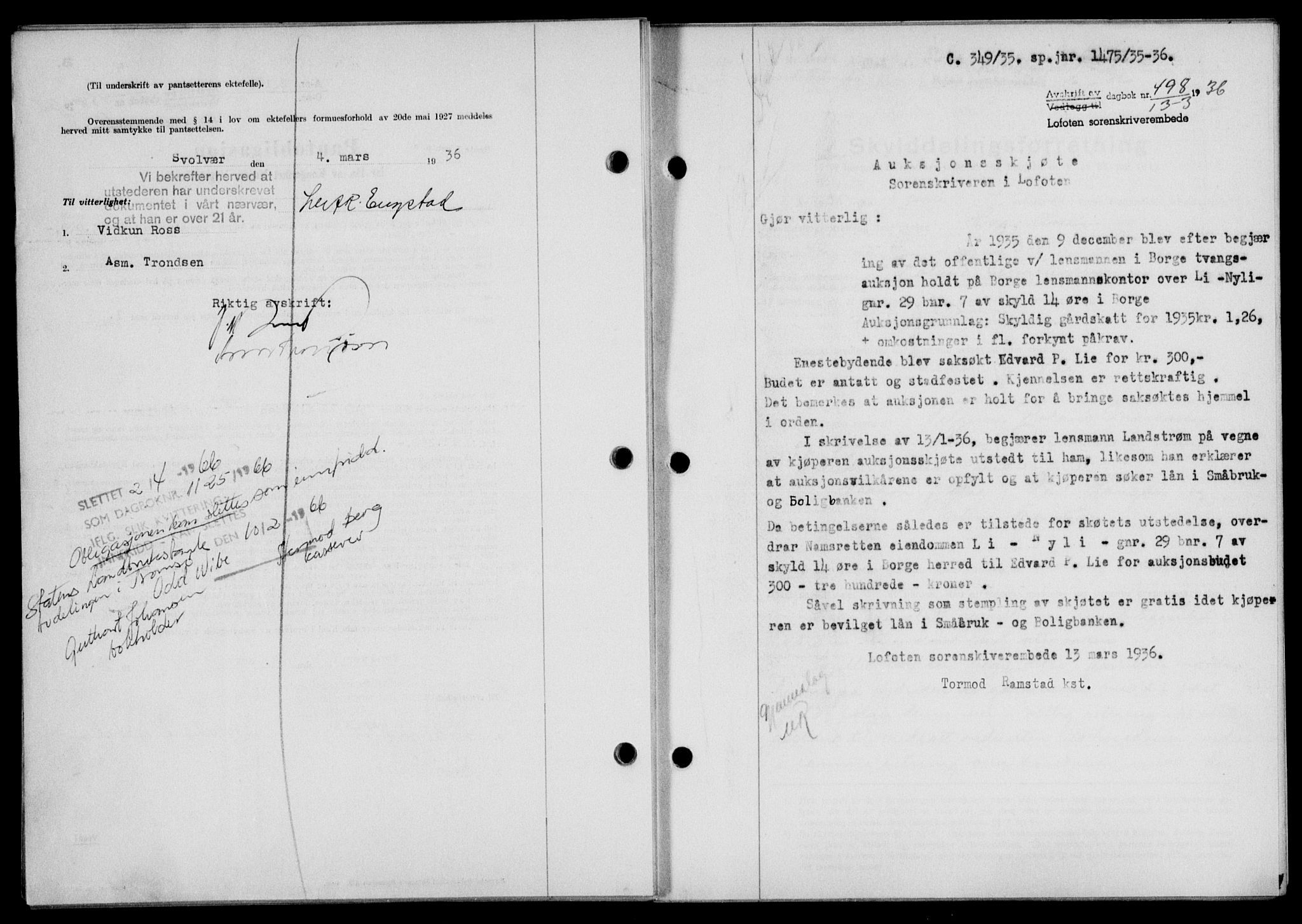 Lofoten sorenskriveri, SAT/A-0017/1/2/2C/L0033b: Pantebok nr. 33b, 1936-1936, Dagboknr: 498/1936