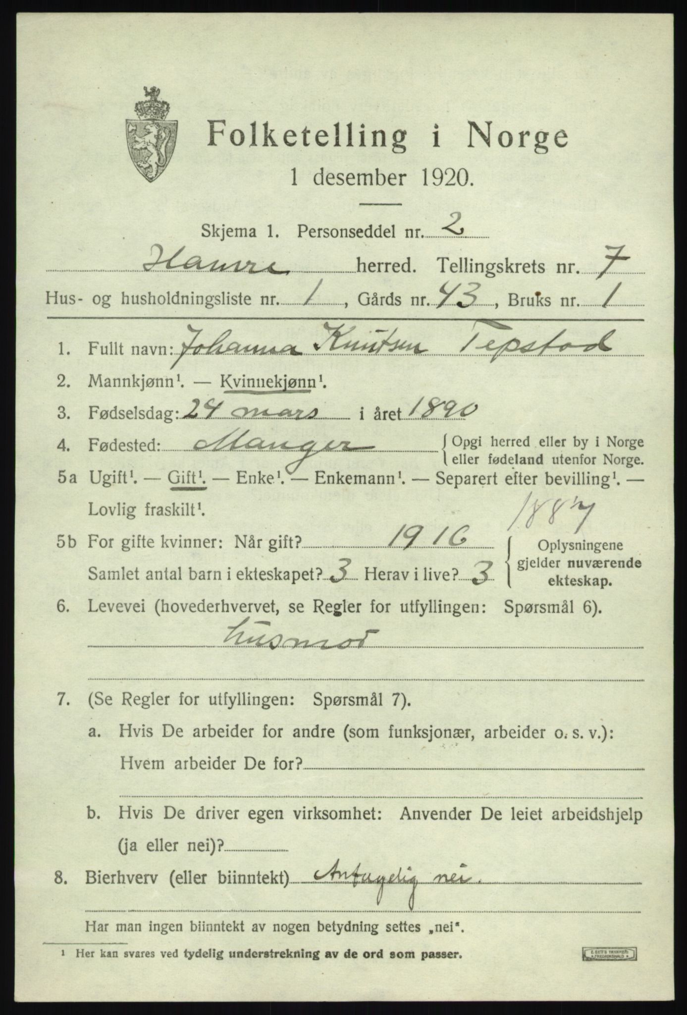 SAB, Folketelling 1920 for 1254 Hamre herred, 1920, s. 4241