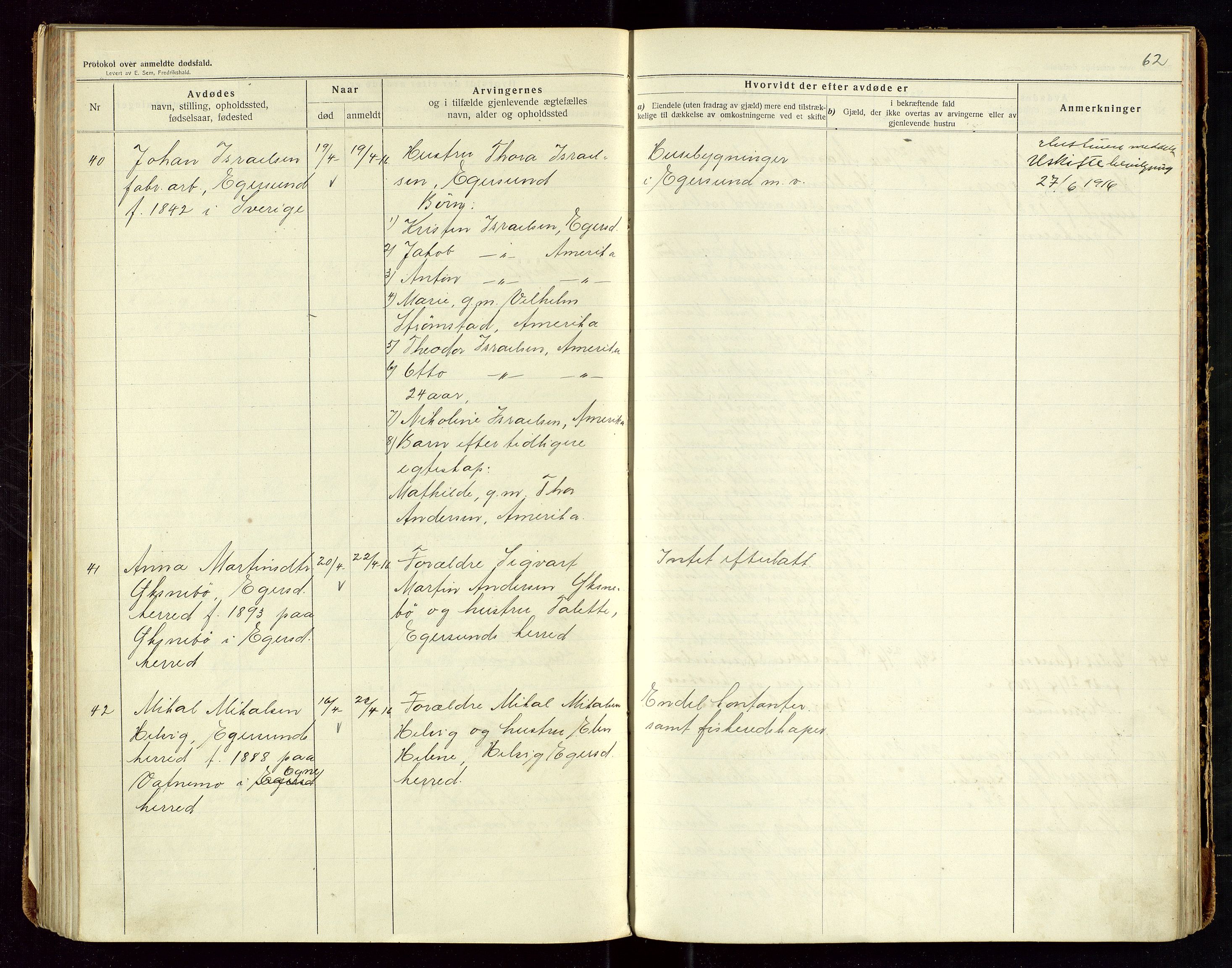 Eigersund lensmannskontor, SAST/A-100171/Gga/L0006: "Protokol over anmeldte dødsfald" m/alfabetisk navneregister, 1914-1917, s. 62