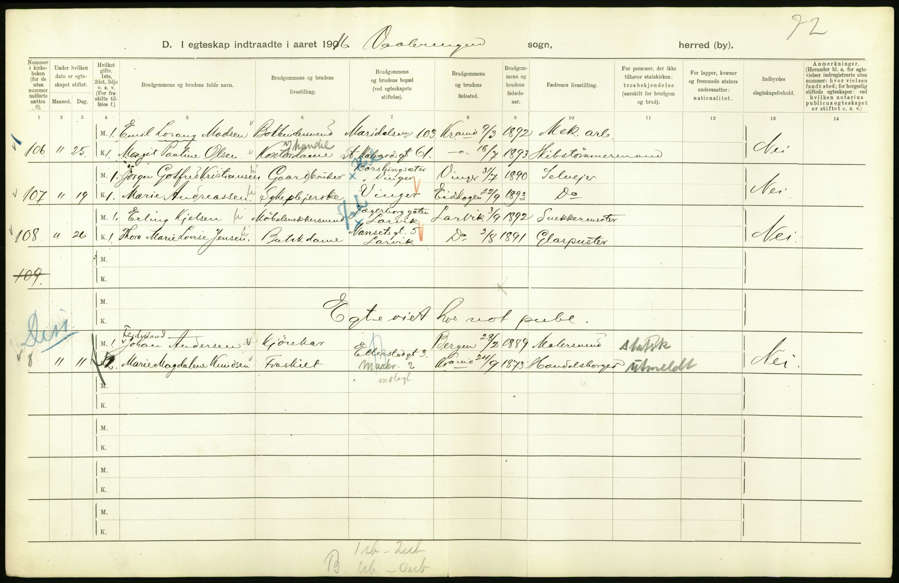 Statistisk sentralbyrå, Sosiodemografiske emner, Befolkning, AV/RA-S-2228/D/Df/Dfb/Dfbf/L0008: Kristiania: Gifte, 1916, s. 818