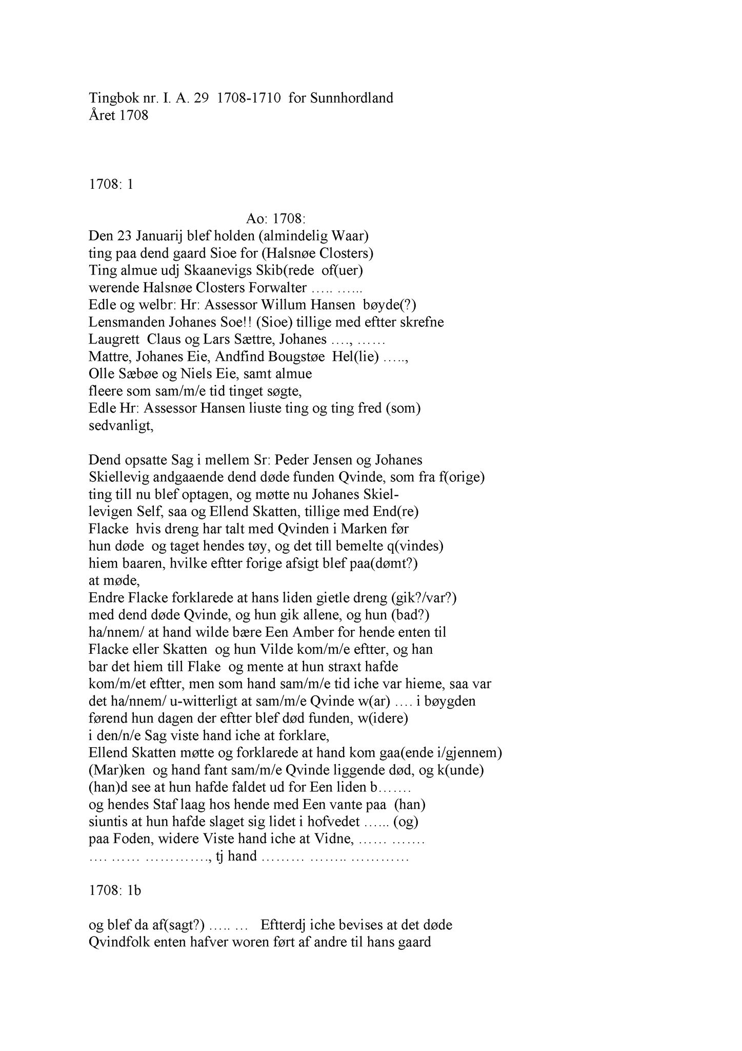Samling av fulltekstavskrifter, SAB/FULLTEKST/A/12/0029: Sunnhordland sorenskriveri, tingbok nr. A 29, 1708-1710