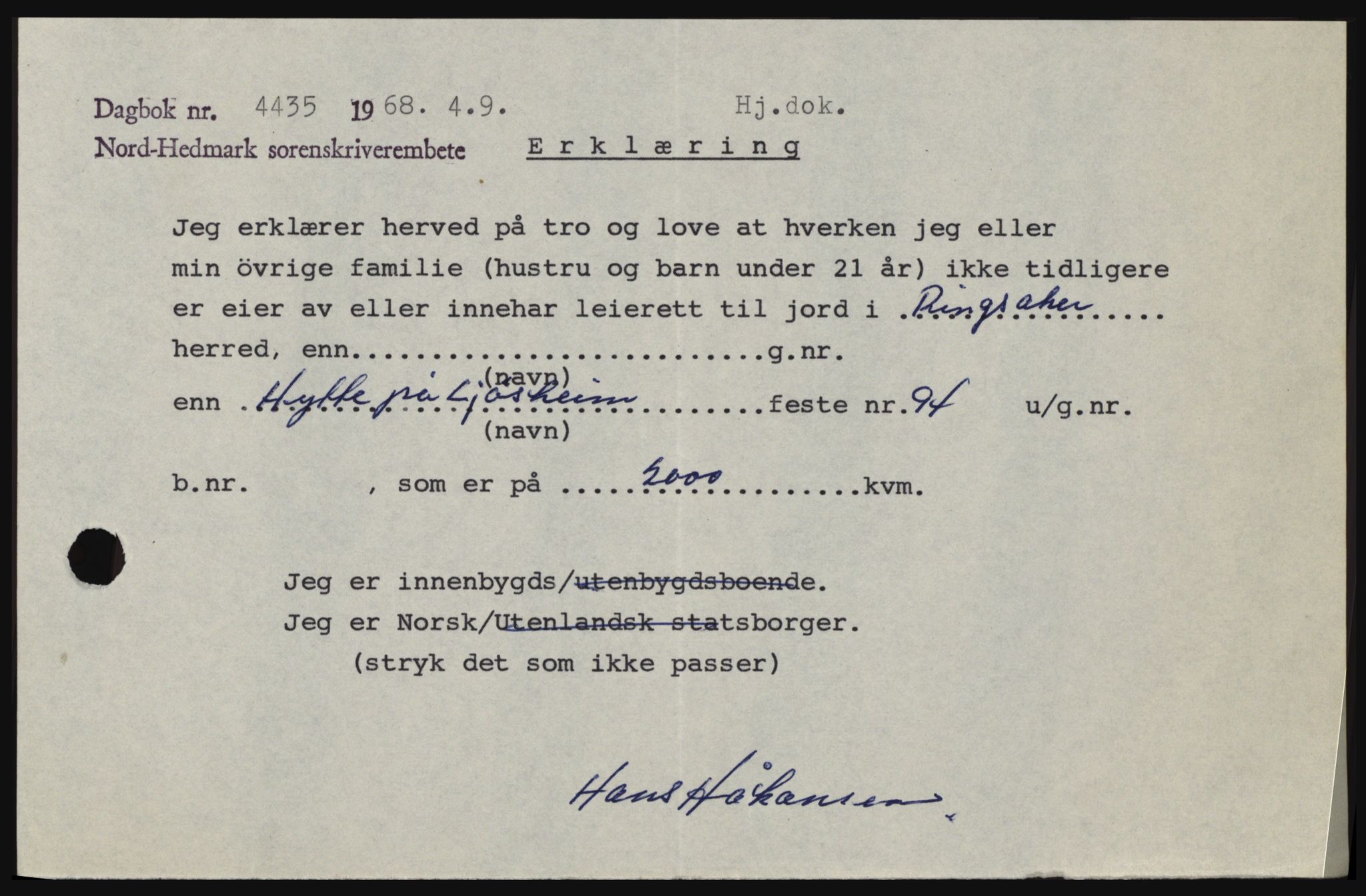 Nord-Hedmark sorenskriveri, SAH/TING-012/H/Hc/L0028: Pantebok nr. 28, 1968-1968, Dagboknr: 4435/1968