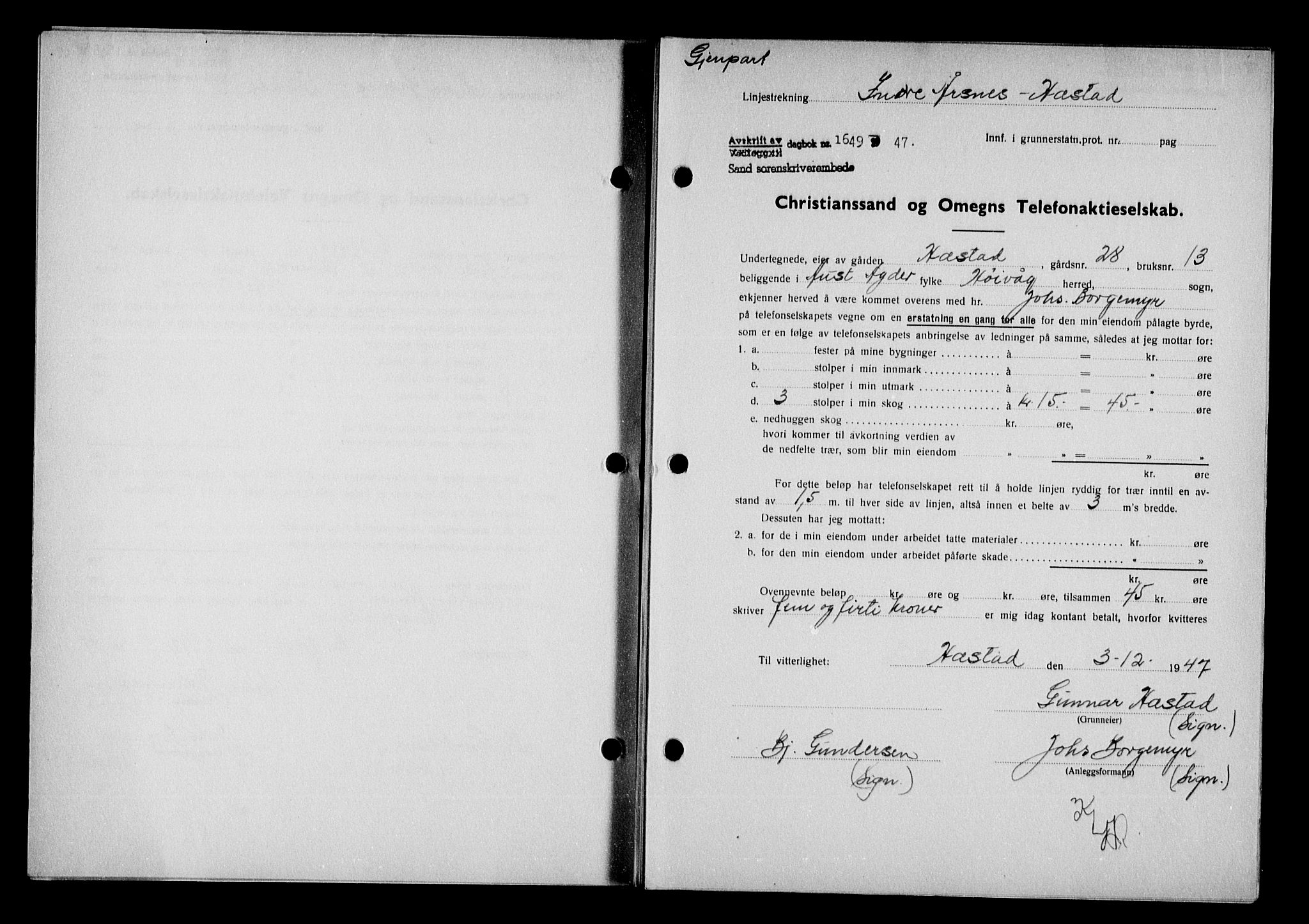 Vestre Nedenes/Sand sorenskriveri, SAK/1221-0010/G/Gb/Gba/L0057: Pantebok nr. A 10, 1947-1948, Dagboknr: 1649/1947