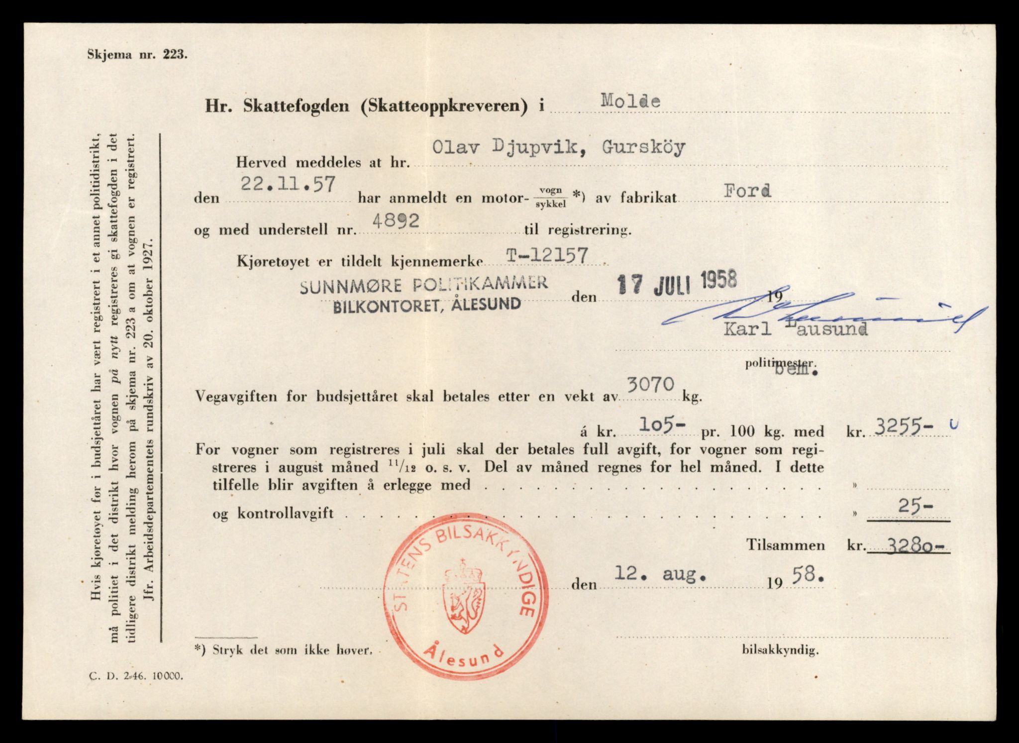 Møre og Romsdal vegkontor - Ålesund trafikkstasjon, AV/SAT-A-4099/F/Fe/L0035: Registreringskort for kjøretøy T 12653 - T 12829, 1927-1998, s. 2688