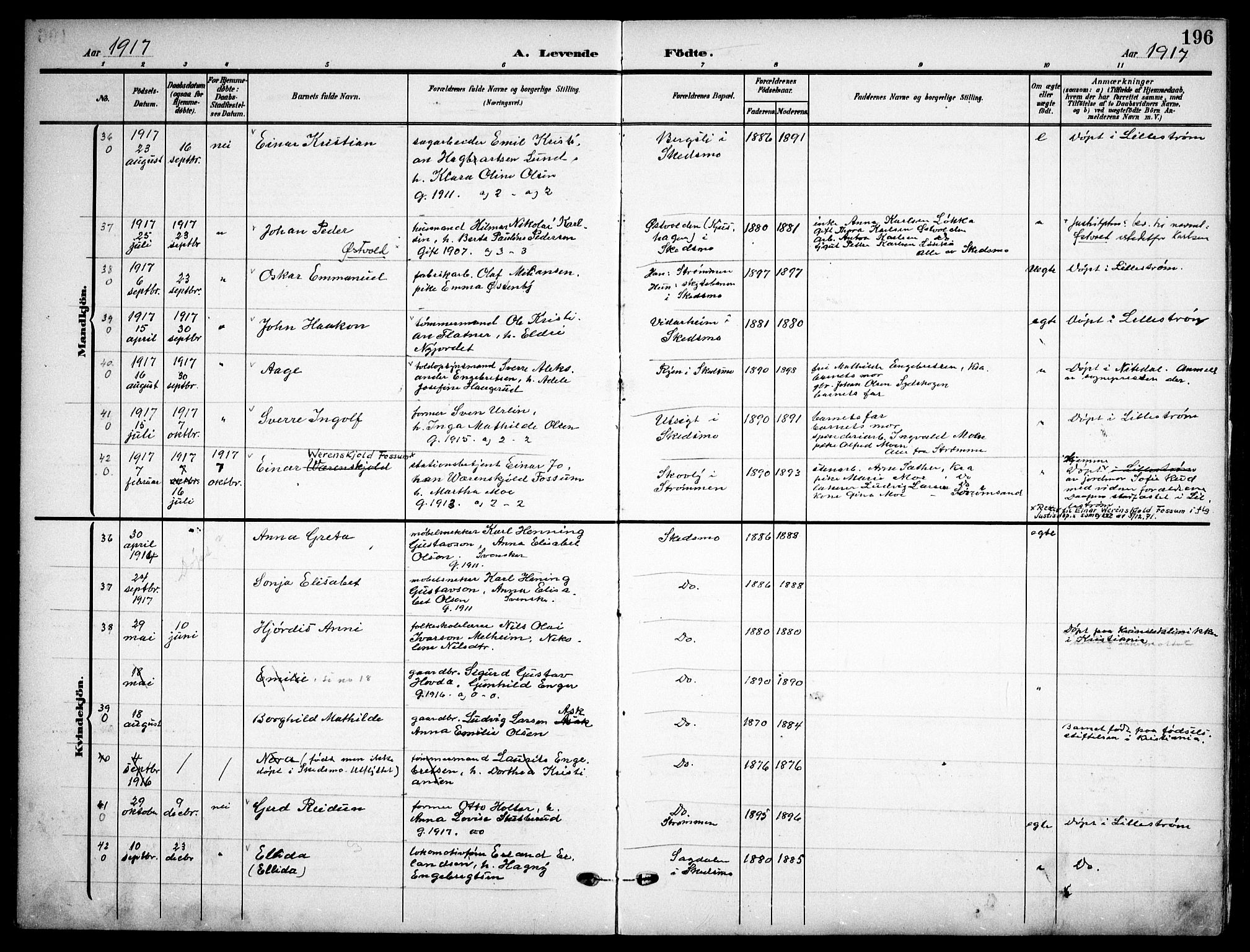 Skedsmo prestekontor Kirkebøker, AV/SAO-A-10033a/F/Fa/L0015: Ministerialbok nr. I 15, 1902-1917, s. 196