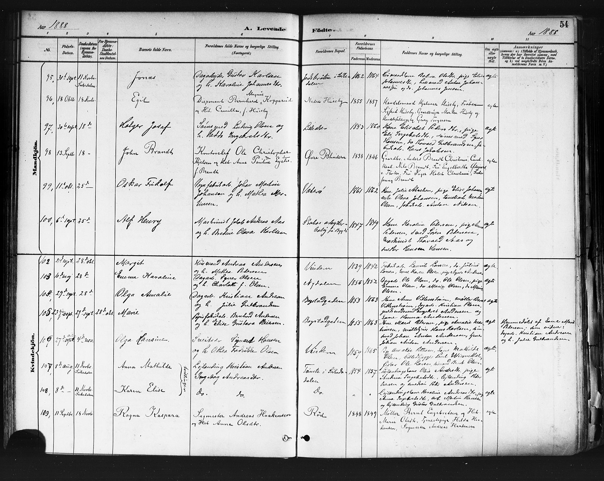 Vestre Aker prestekontor Kirkebøker, AV/SAO-A-10025/F/Fa/L0010: Ministerialbok nr. 10, 1886-1903, s. 54