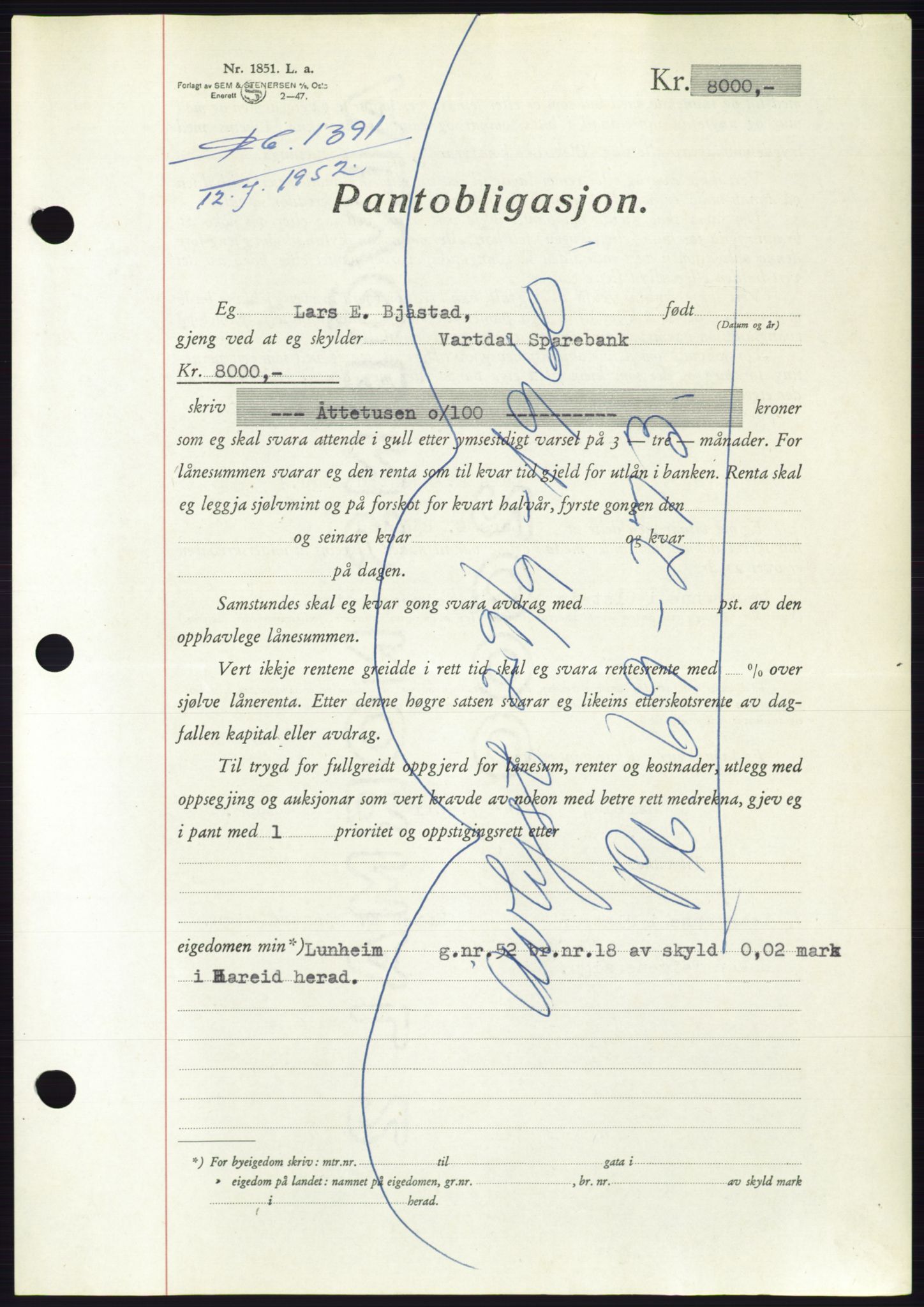 Søre Sunnmøre sorenskriveri, AV/SAT-A-4122/1/2/2C/L0121: Pantebok nr. 9B, 1951-1952, Dagboknr: 1391/1952