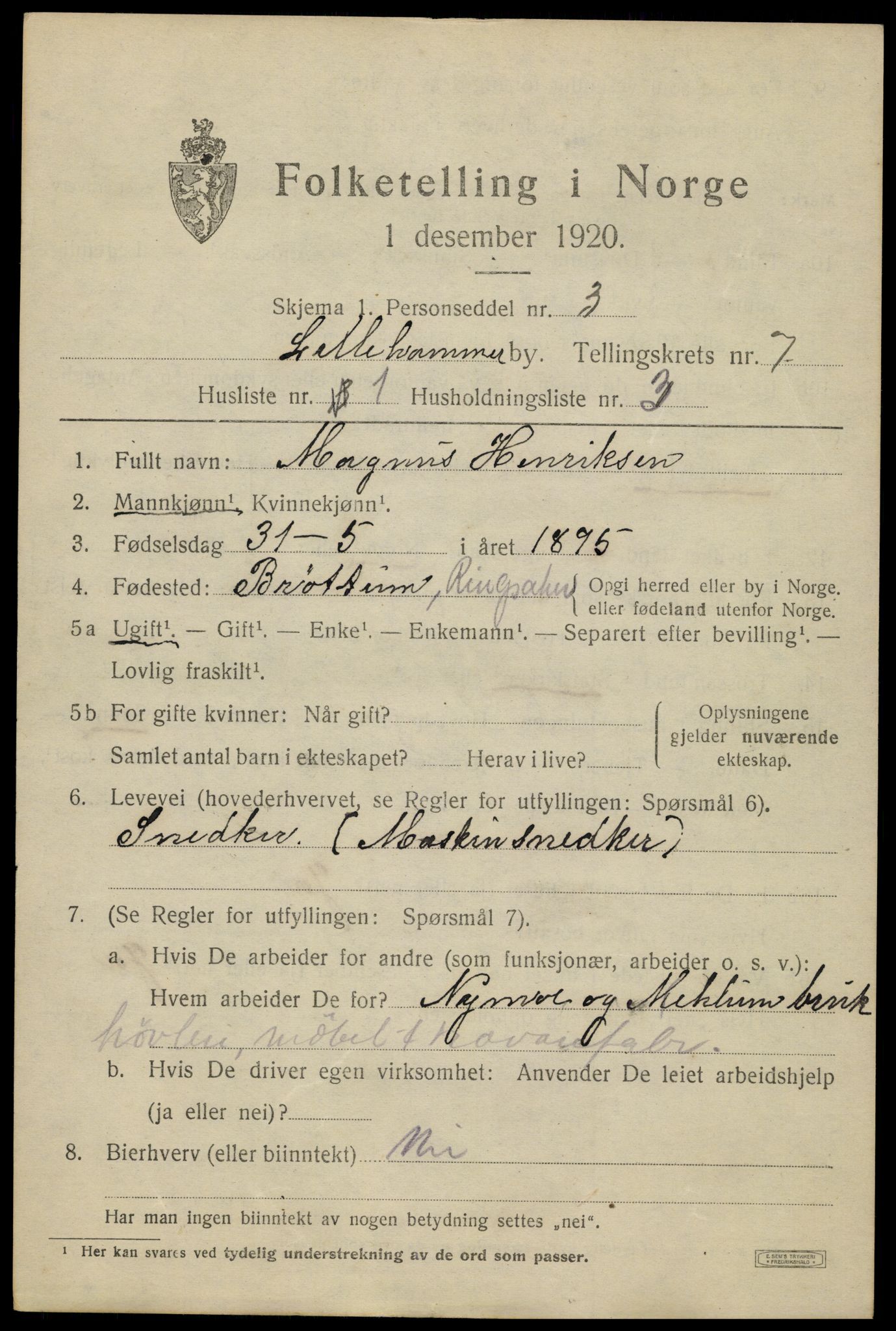SAH, Folketelling 1920 for 0501 Lillehammer kjøpstad, 1920, s. 9430