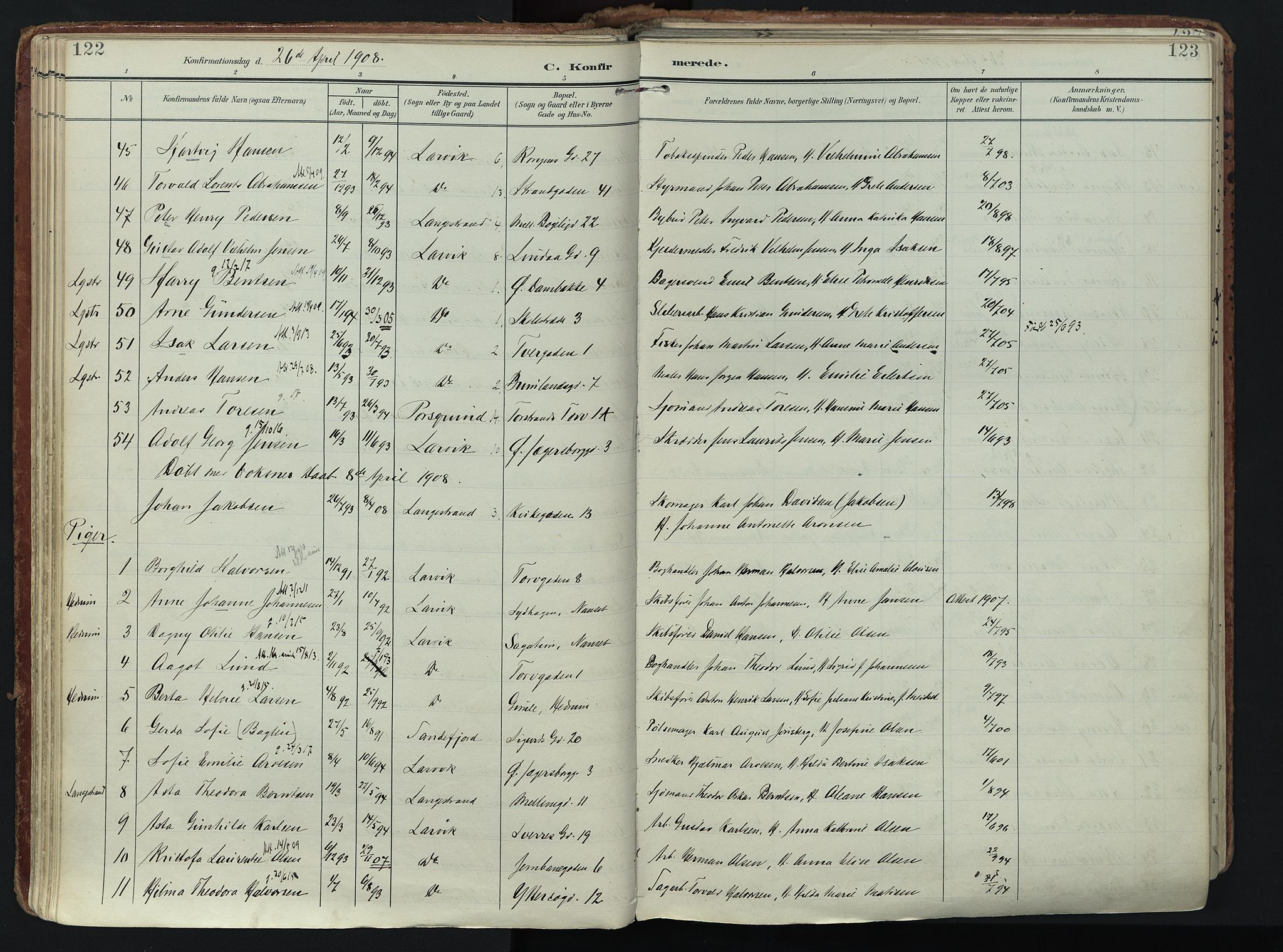 Larvik kirkebøker, AV/SAKO-A-352/F/Fa/L0011: Ministerialbok nr. I 11, 1902-1922, s. 122-123