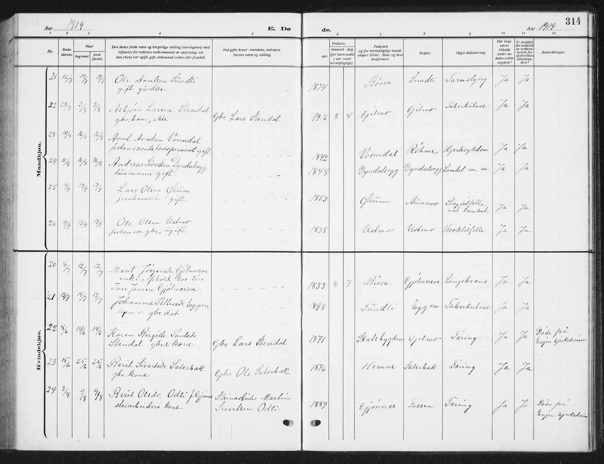 Ministerialprotokoller, klokkerbøker og fødselsregistre - Sør-Trøndelag, SAT/A-1456/668/L0820: Klokkerbok nr. 668C09, 1912-1936, s. 314