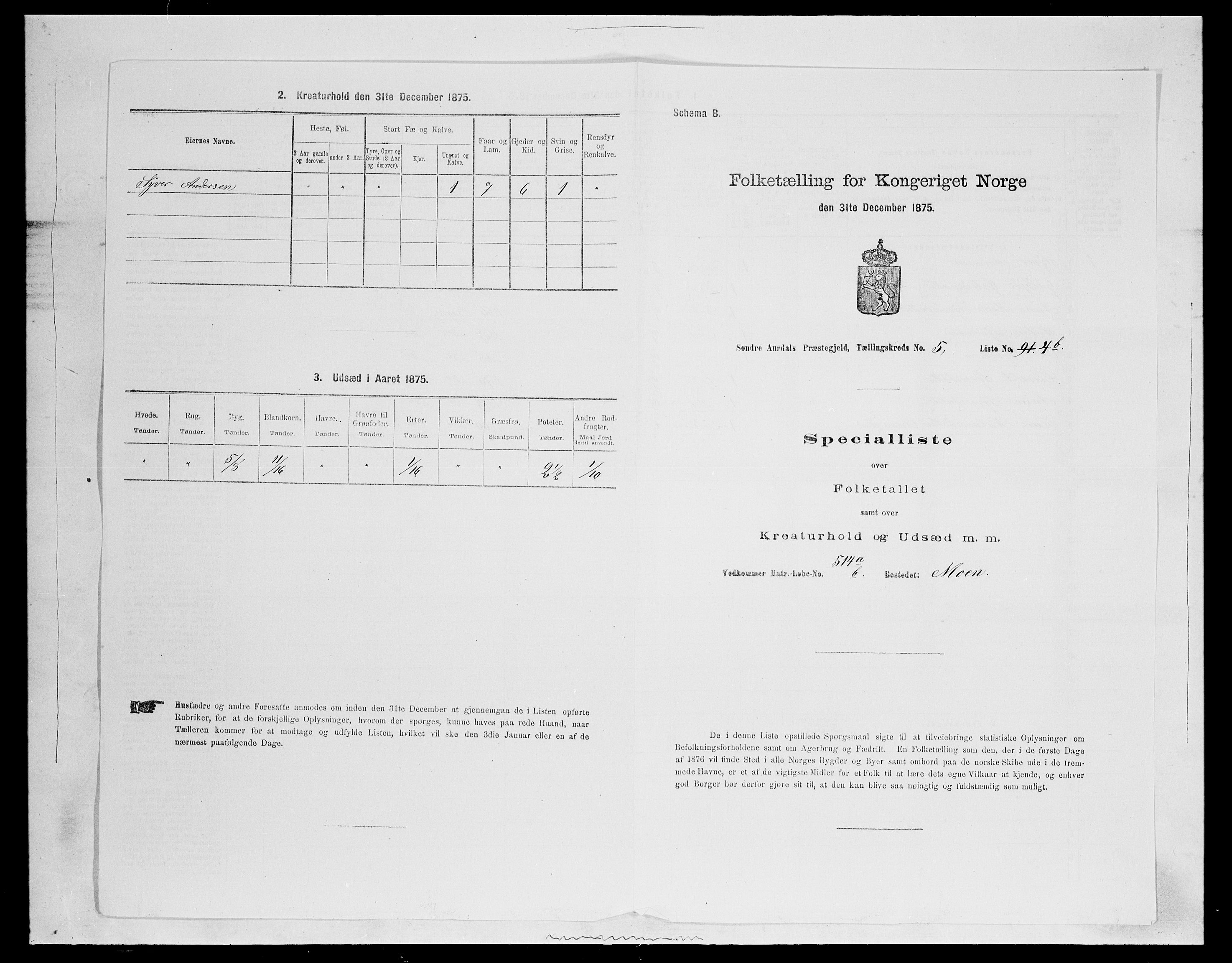 SAH, Folketelling 1875 for 0540P Sør-Aurdal prestegjeld, 1875, s. 925