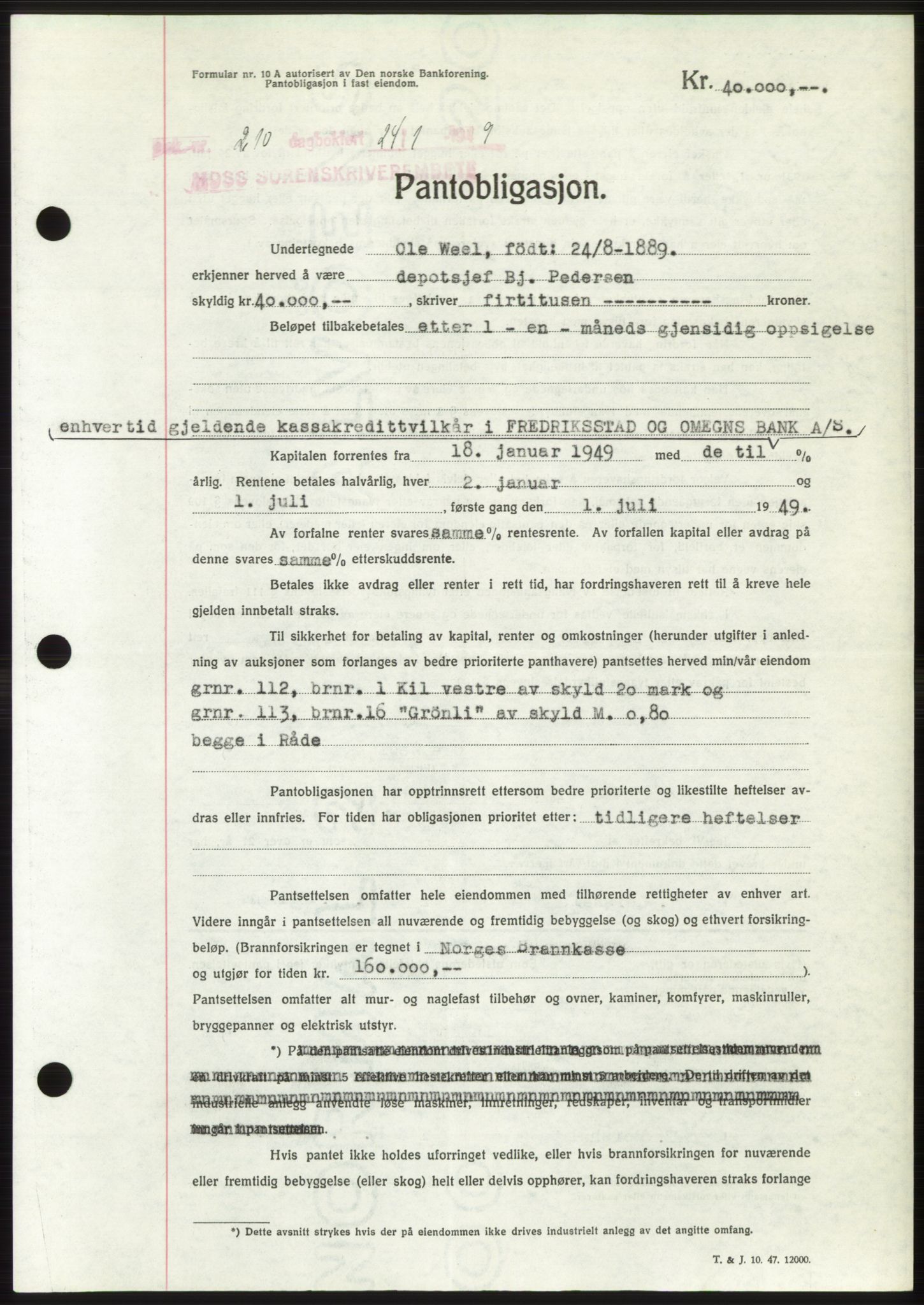 Moss sorenskriveri, SAO/A-10168: Pantebok nr. B21, 1949-1949, Dagboknr: 210/1949