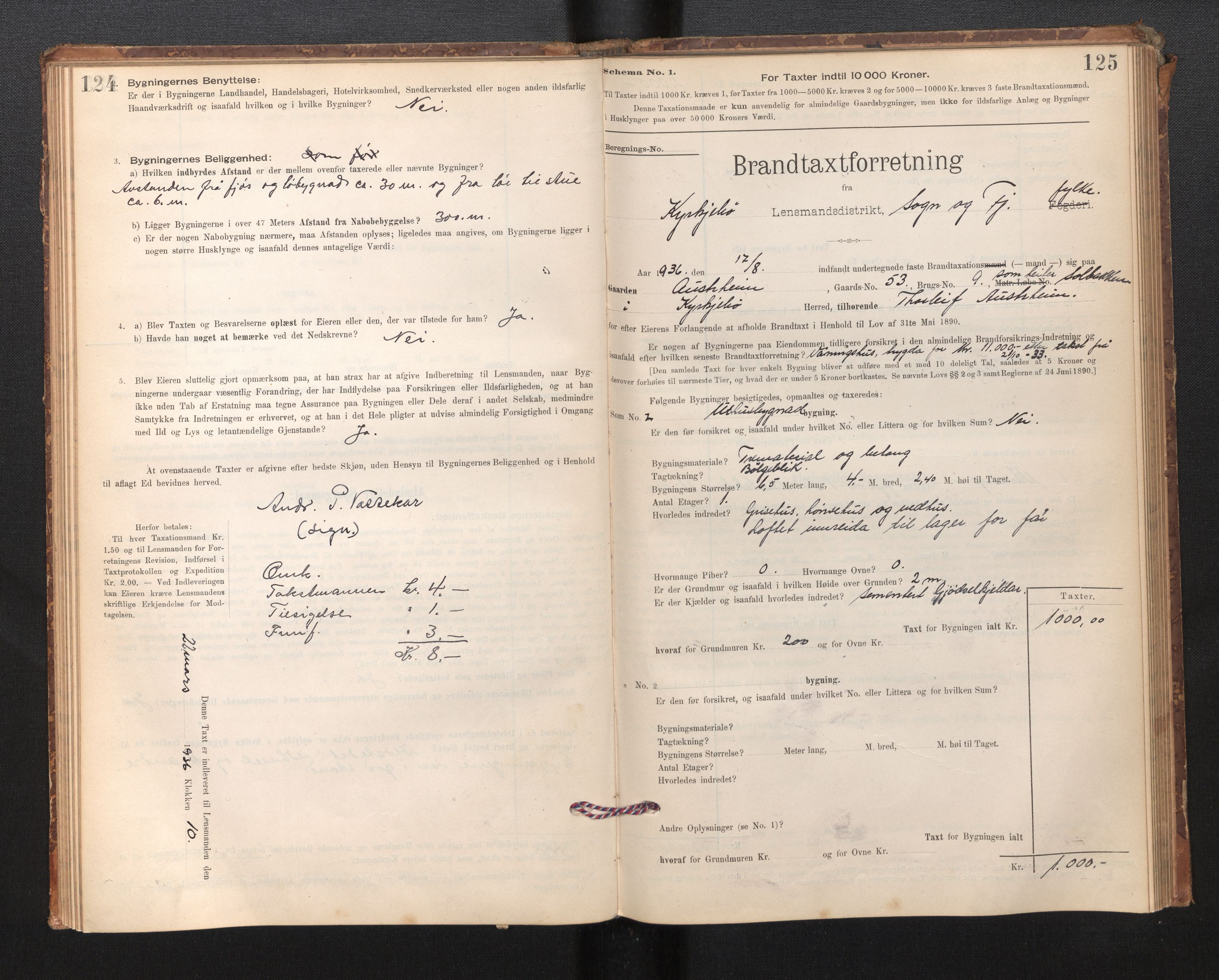 Lensmannen i Kyrkjebø, SAB/A-29001/0012/L0006: Branntakstprotokoll, skjematakst, 1900-1939, s. 124-125