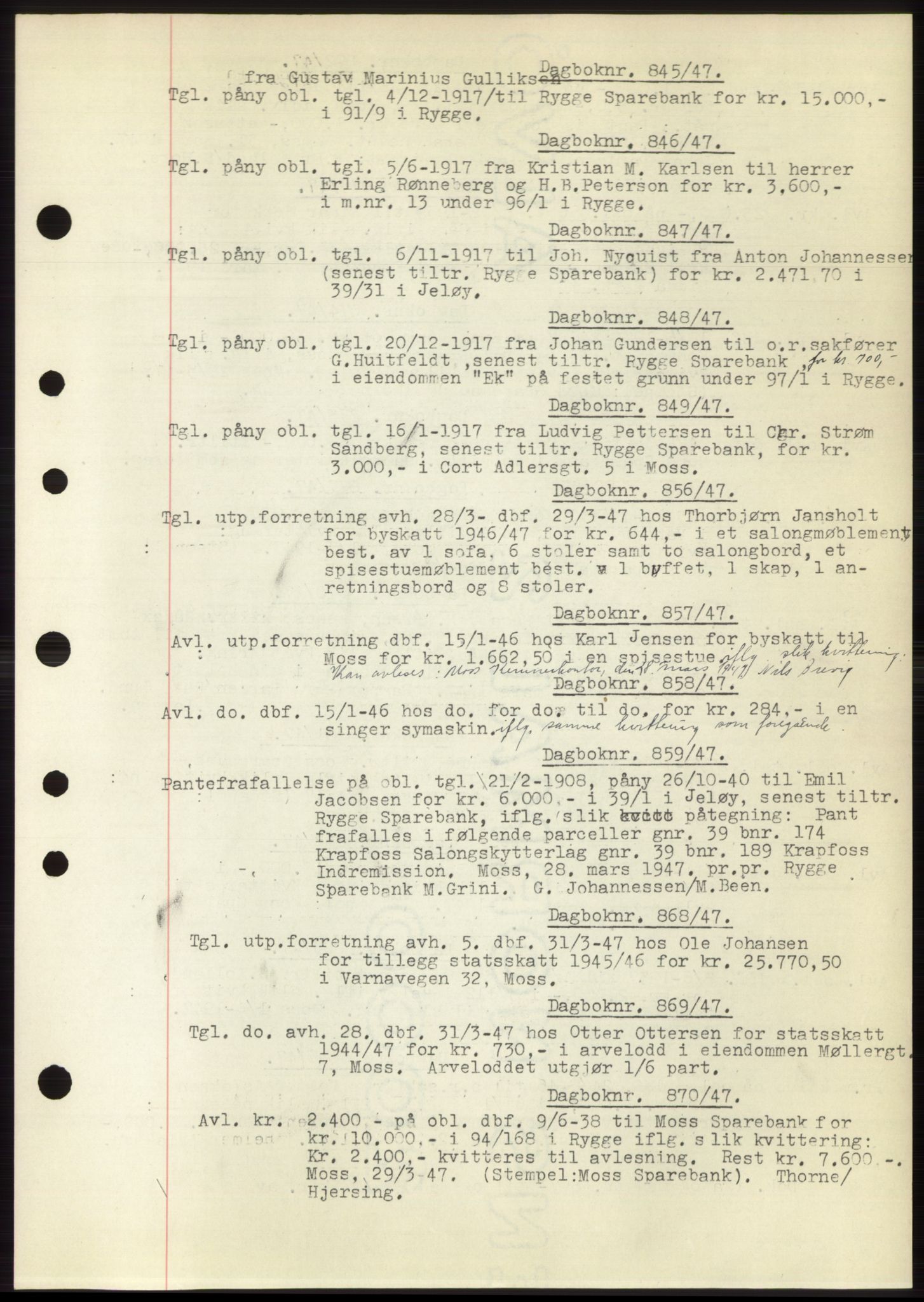 Moss sorenskriveri, SAO/A-10168: Pantebok nr. C10, 1938-1950, Dagboknr: 845/1947