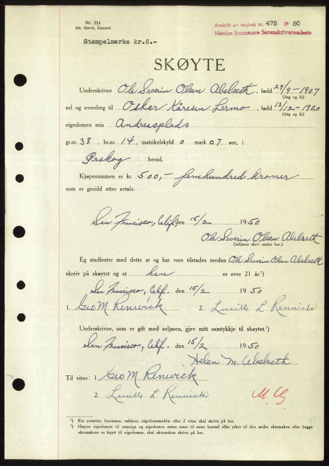 Nordre Sunnmøre sorenskriveri, SAT/A-0006/1/2/2C/2Ca: Pantebok nr. A33, 1949-1950, Dagboknr: 475/1950