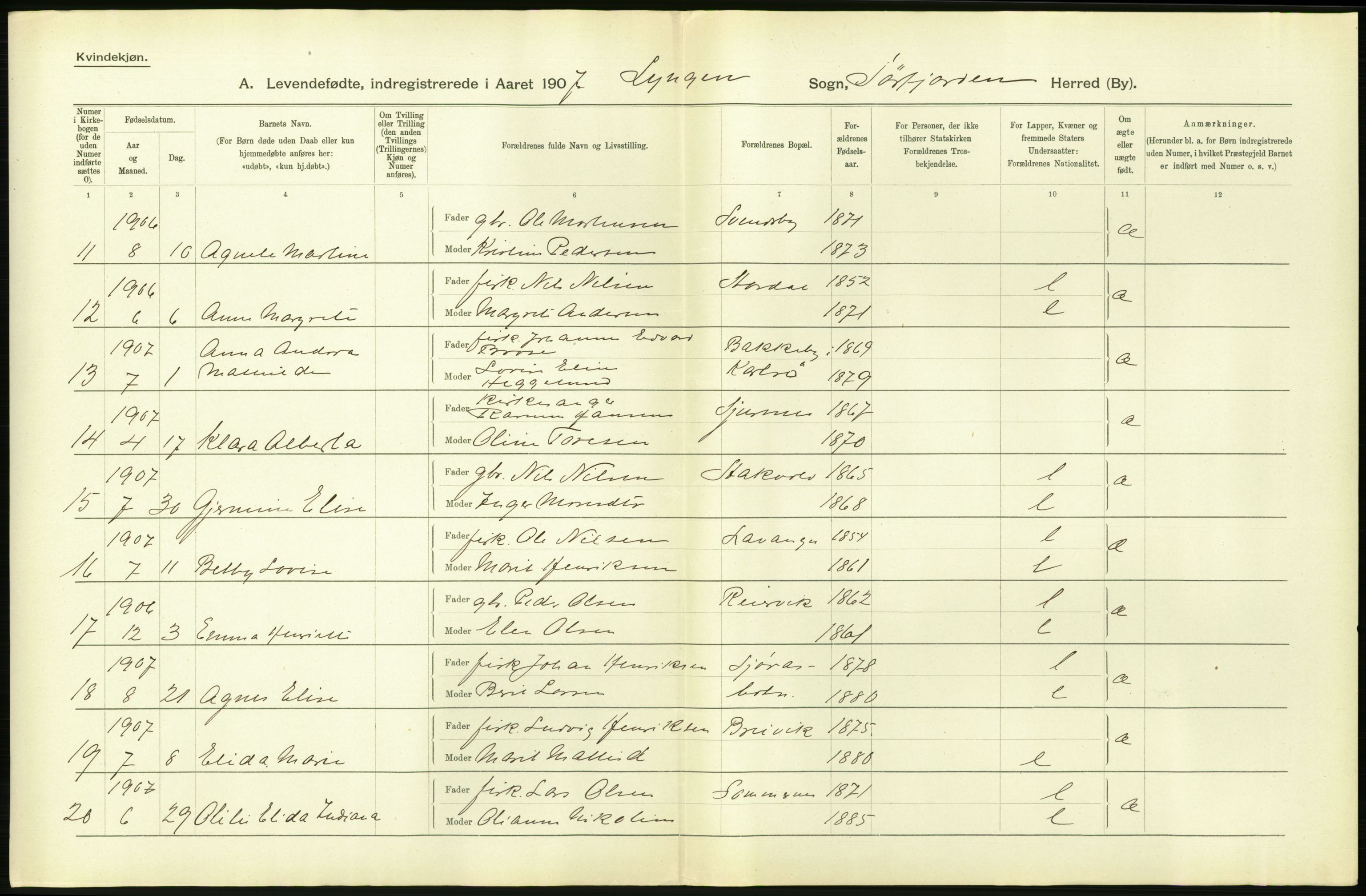 Statistisk sentralbyrå, Sosiodemografiske emner, Befolkning, AV/RA-S-2228/D/Df/Dfa/Dfae/L0046: Tromsø amt: Levendefødte menn og kvinner. Bygder og byer., 1907, s. 480