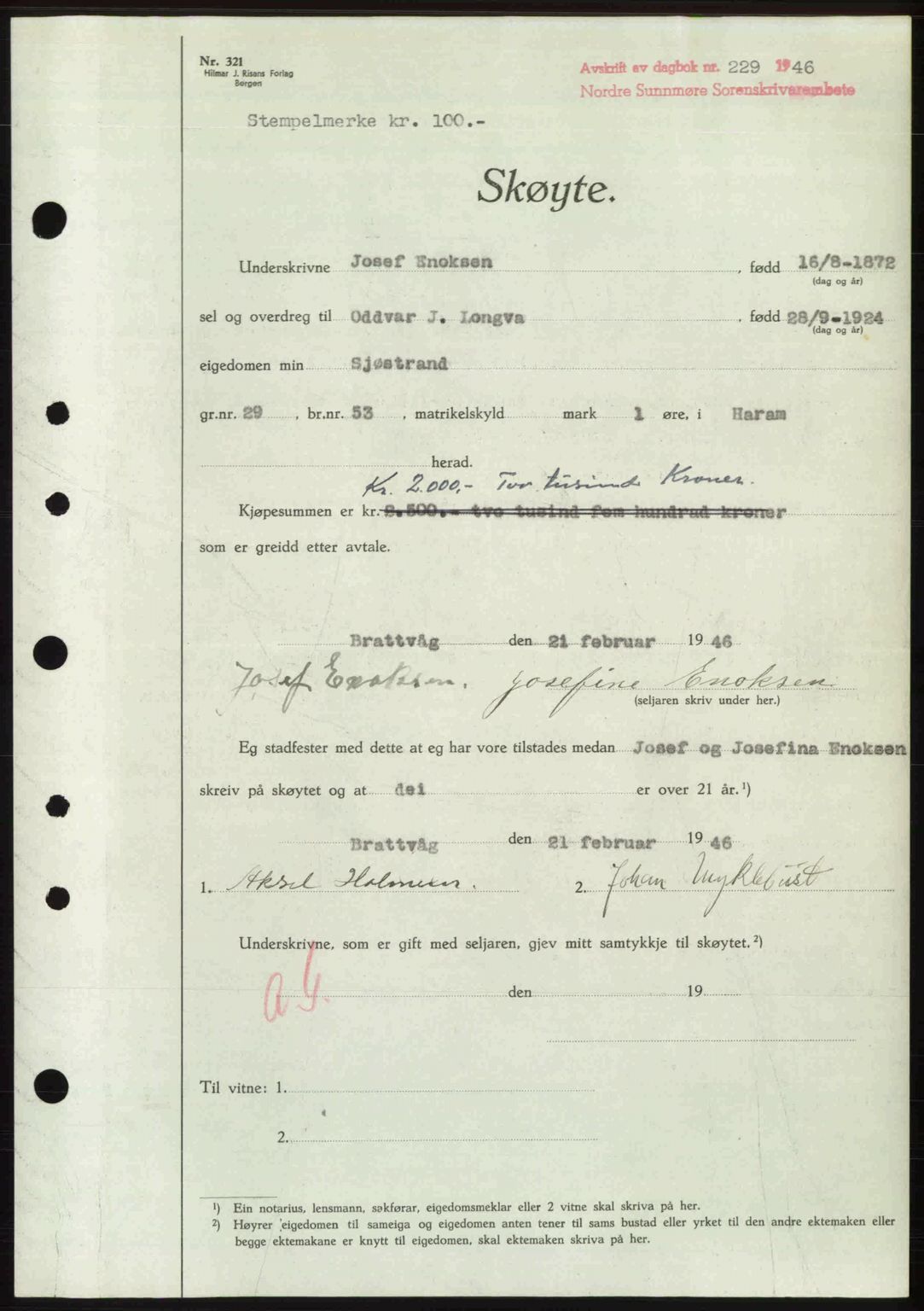 Nordre Sunnmøre sorenskriveri, SAT/A-0006/1/2/2C/2Ca: Pantebok nr. A20b, 1946-1946, Dagboknr: 229/1946