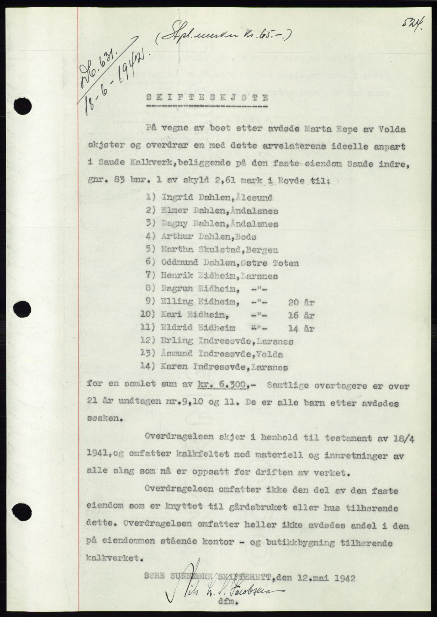 Søre Sunnmøre sorenskriveri, SAT/A-4122/1/2/2C/L0073: Pantebok nr. 67, 1941-1942, Dagboknr: 631/1942