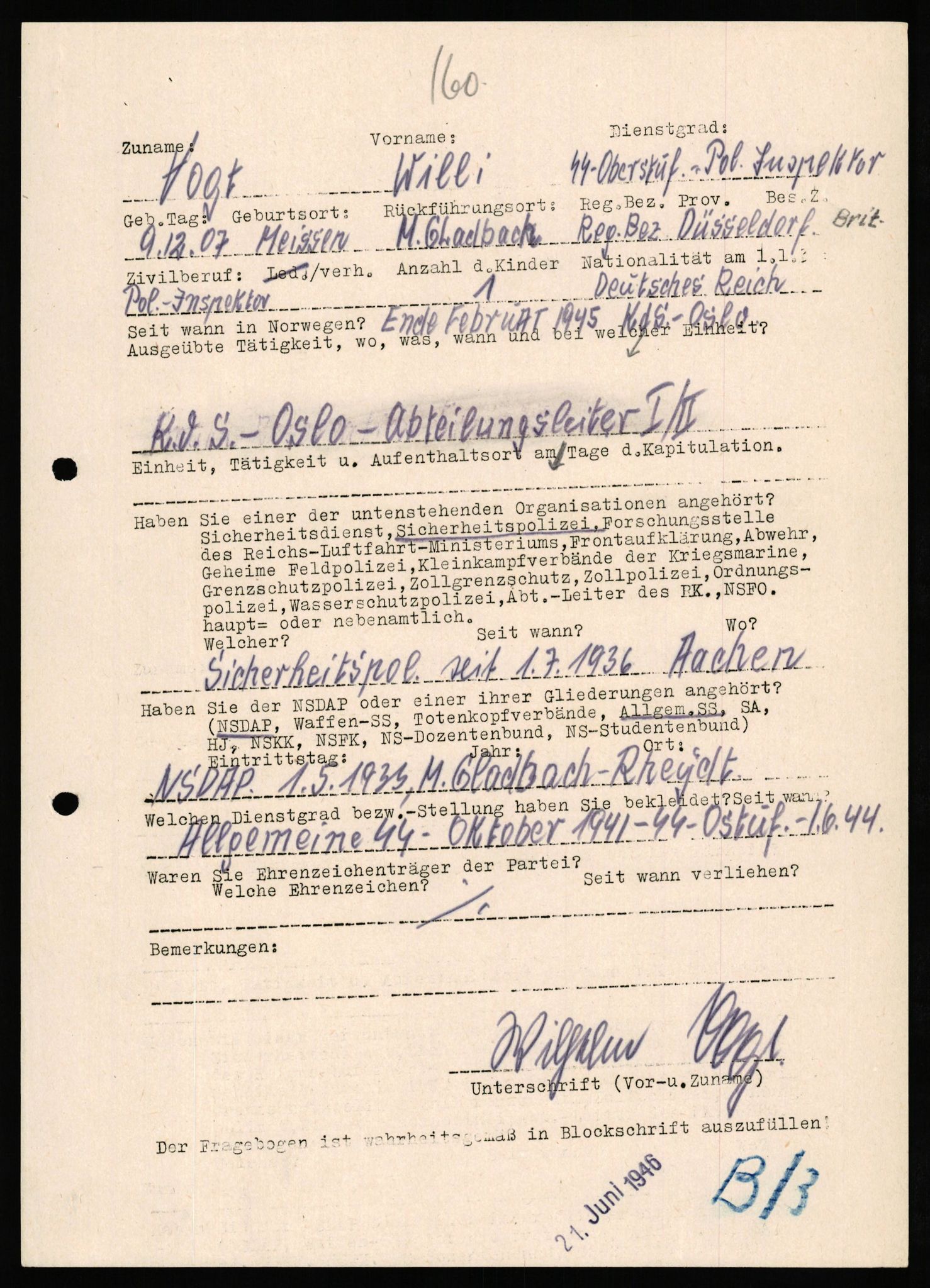 Forsvaret, Forsvarets overkommando II, AV/RA-RAFA-3915/D/Db/L0034: CI Questionaires. Tyske okkupasjonsstyrker i Norge. Tyskere., 1945-1946, s. 305