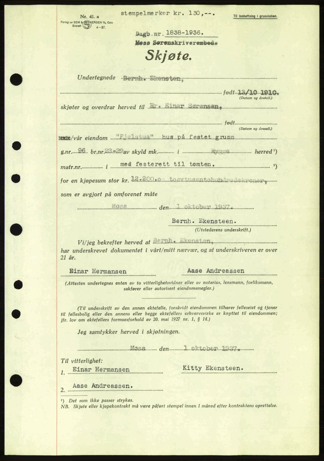 Moss sorenskriveri, SAO/A-10168: Pantebok nr. A3, 1937-1938, Dagboknr: 1838/1937