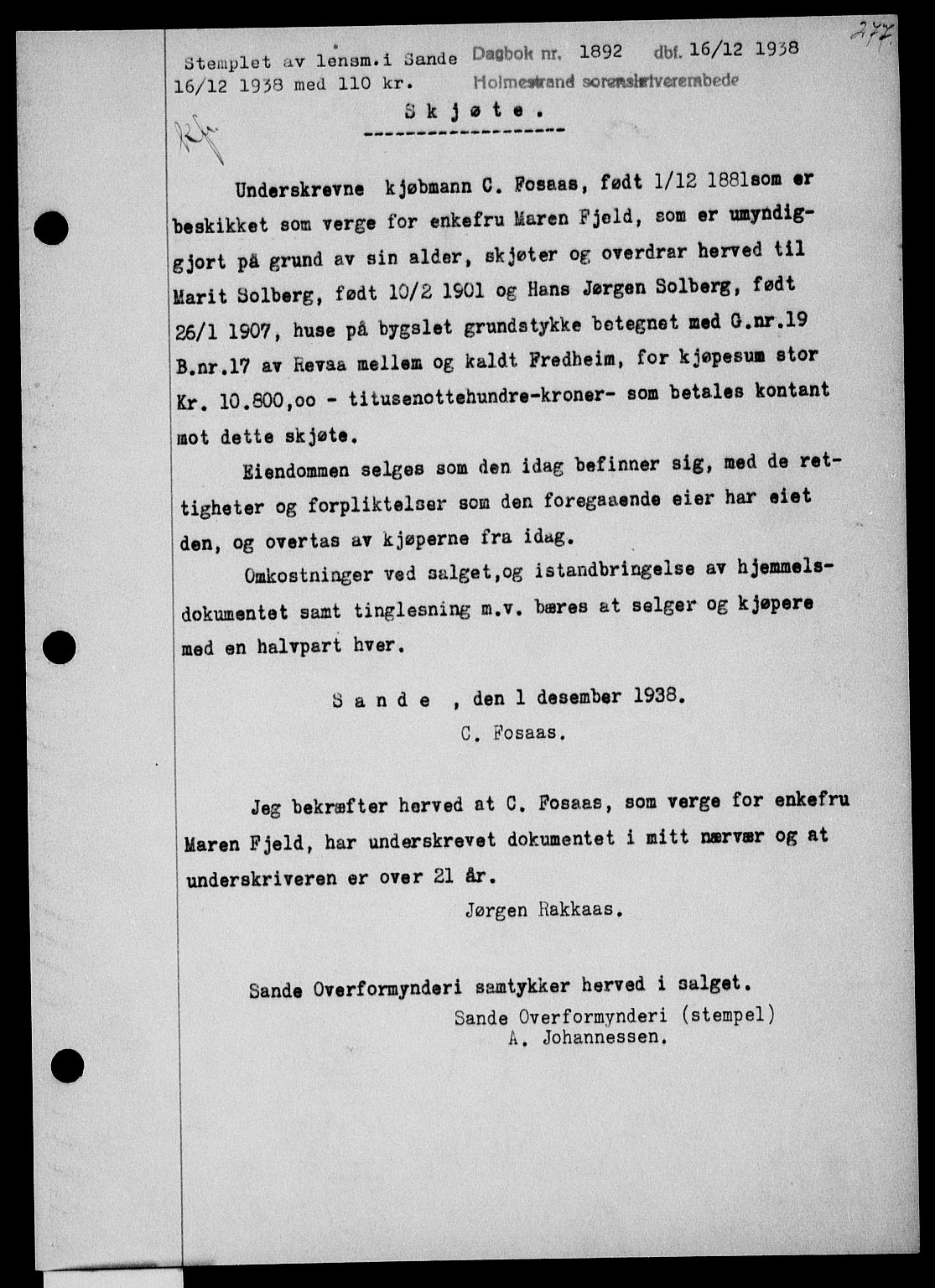Holmestrand sorenskriveri, SAKO/A-67/G/Ga/Gaa/L0050: Pantebok nr. A-50, 1938-1939, Dagboknr: 1892/1938