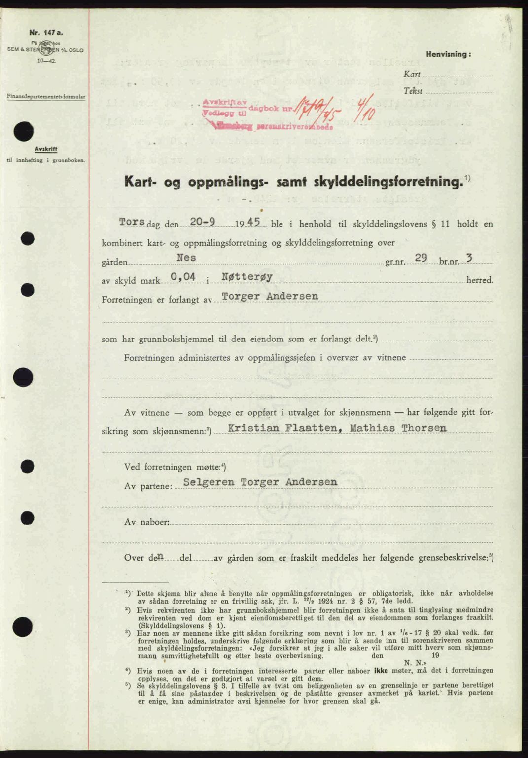 Tønsberg sorenskriveri, AV/SAKO-A-130/G/Ga/Gaa/L0017a: Pantebok nr. A17a, 1945-1945, Dagboknr: 1719/1945