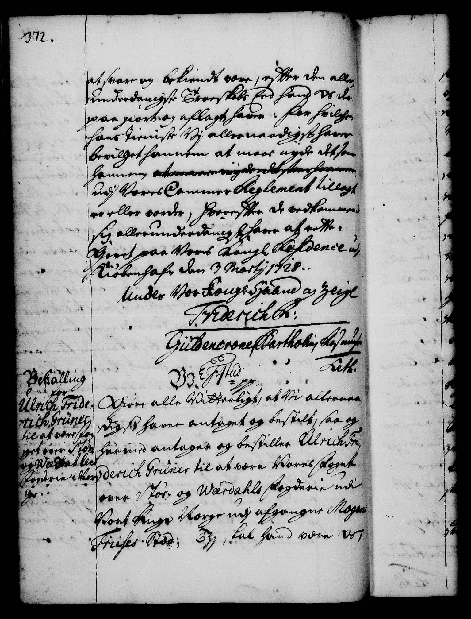 Rentekammeret, Kammerkanselliet, RA/EA-3111/G/Gg/Gge/L0001: Norsk bestallingsprotokoll med register (merket RK 53.25), 1720-1730, s. 372