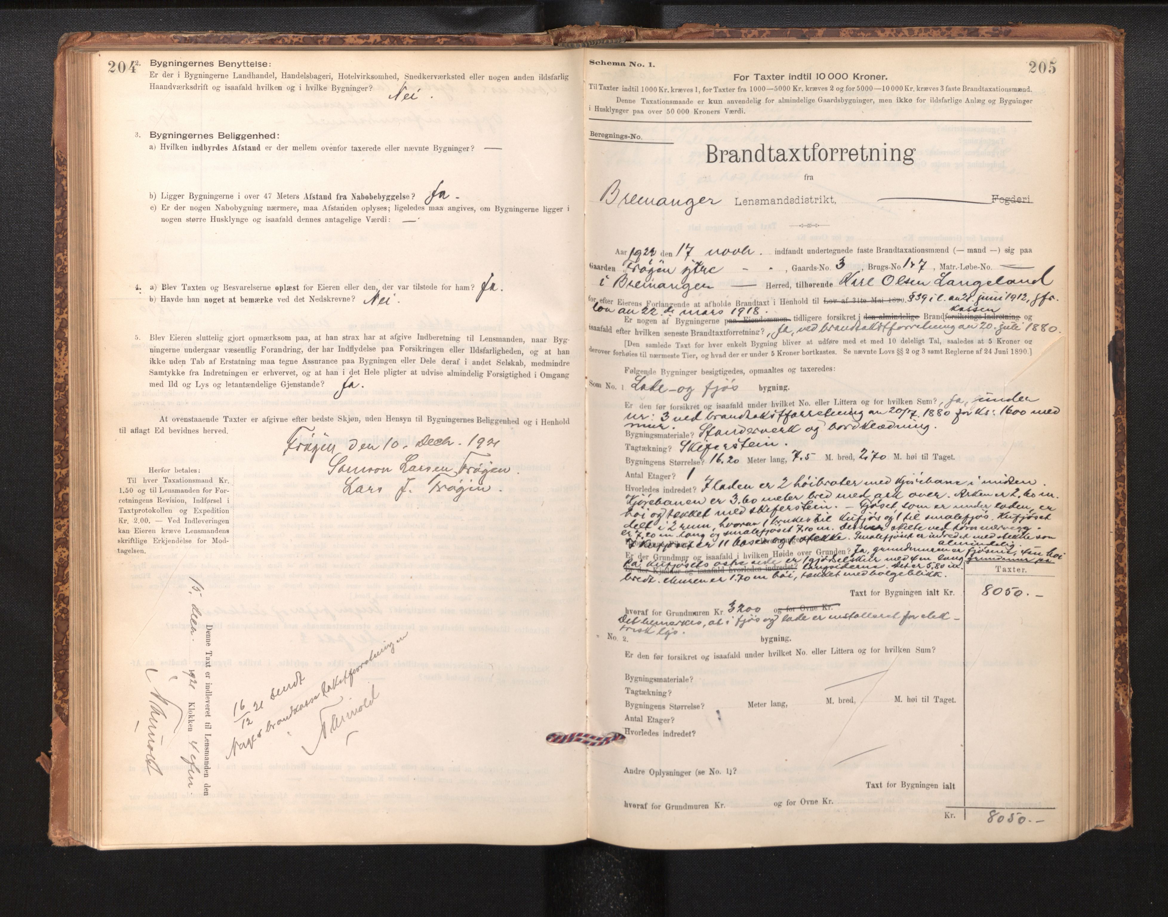 Lensmannen i Bremanger, AV/SAB-A-26701/0012/L0007: Branntakstprotokoll, skjematakst, 1895-1936, s. 204-205