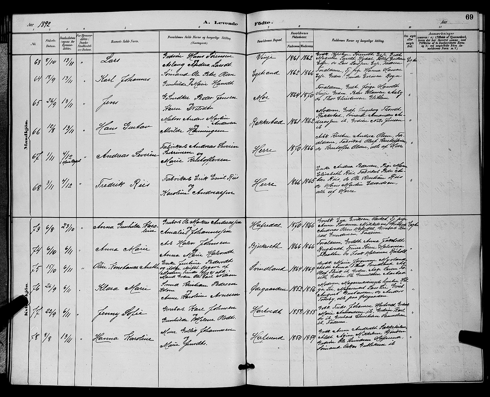 Bamble kirkebøker, AV/SAKO-A-253/G/Ga/L0009: Klokkerbok nr. I 9, 1888-1900, s. 69