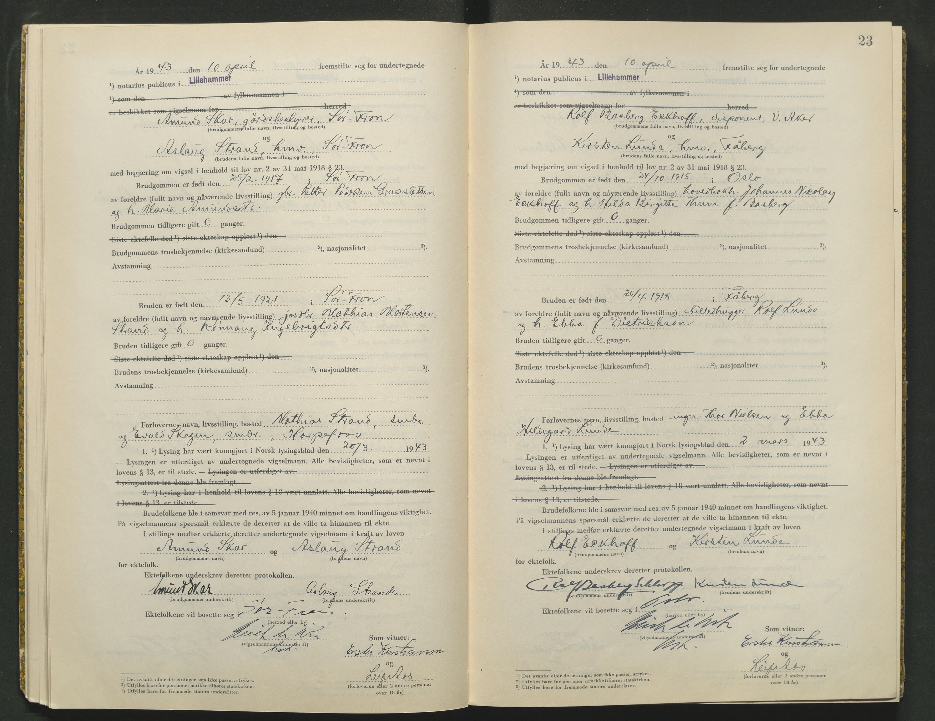 Sør-Gudbrandsdal tingrett, AV/SAH-TING-004/L/Lc/L0003: Vigselsprotokoll, 1943, s. 23