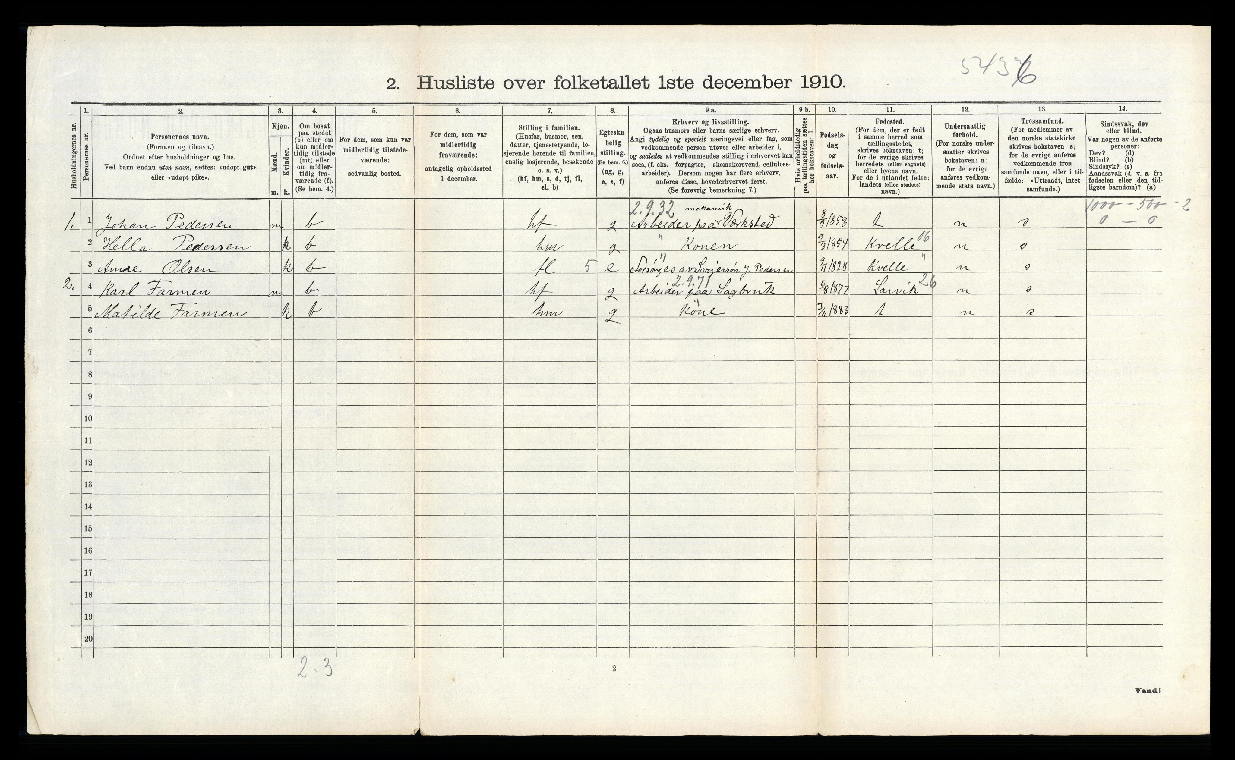 RA, Folketelling 1910 for 0725 Tjølling herred, 1910, s. 268