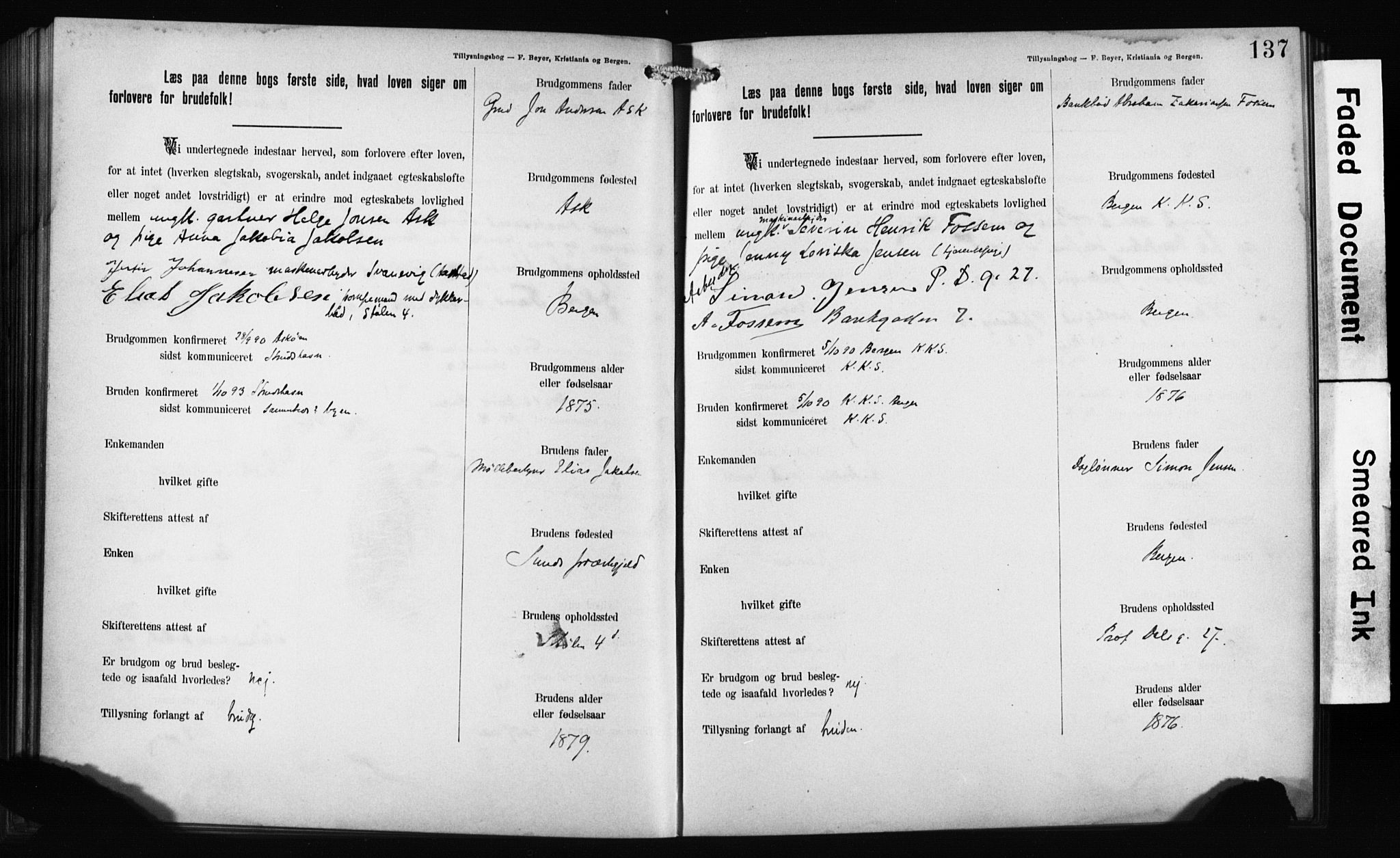 Mariakirken Sokneprestembete, AV/SAB-A-76901: Forlovererklæringer nr. II.5.1, 1891-1901, s. 137