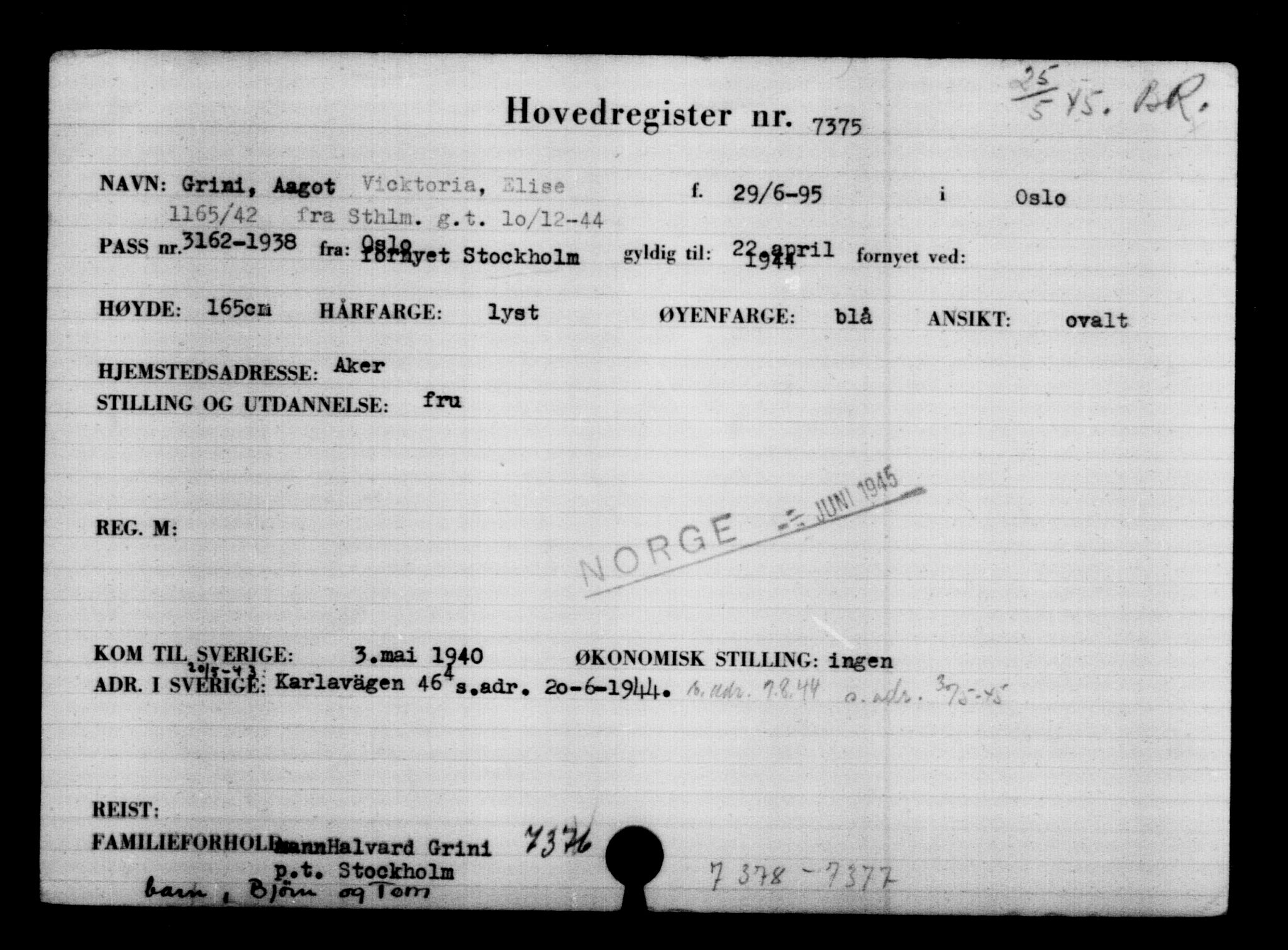 Utenriksstasjonene, Legasjonen i Stockholm, Flyktningkontoret, AV/RA-S-6753/V/Va/L0005: Kjesäterkartoteket, flyktning nr. 6600-9417, 1940-1945, s. 910