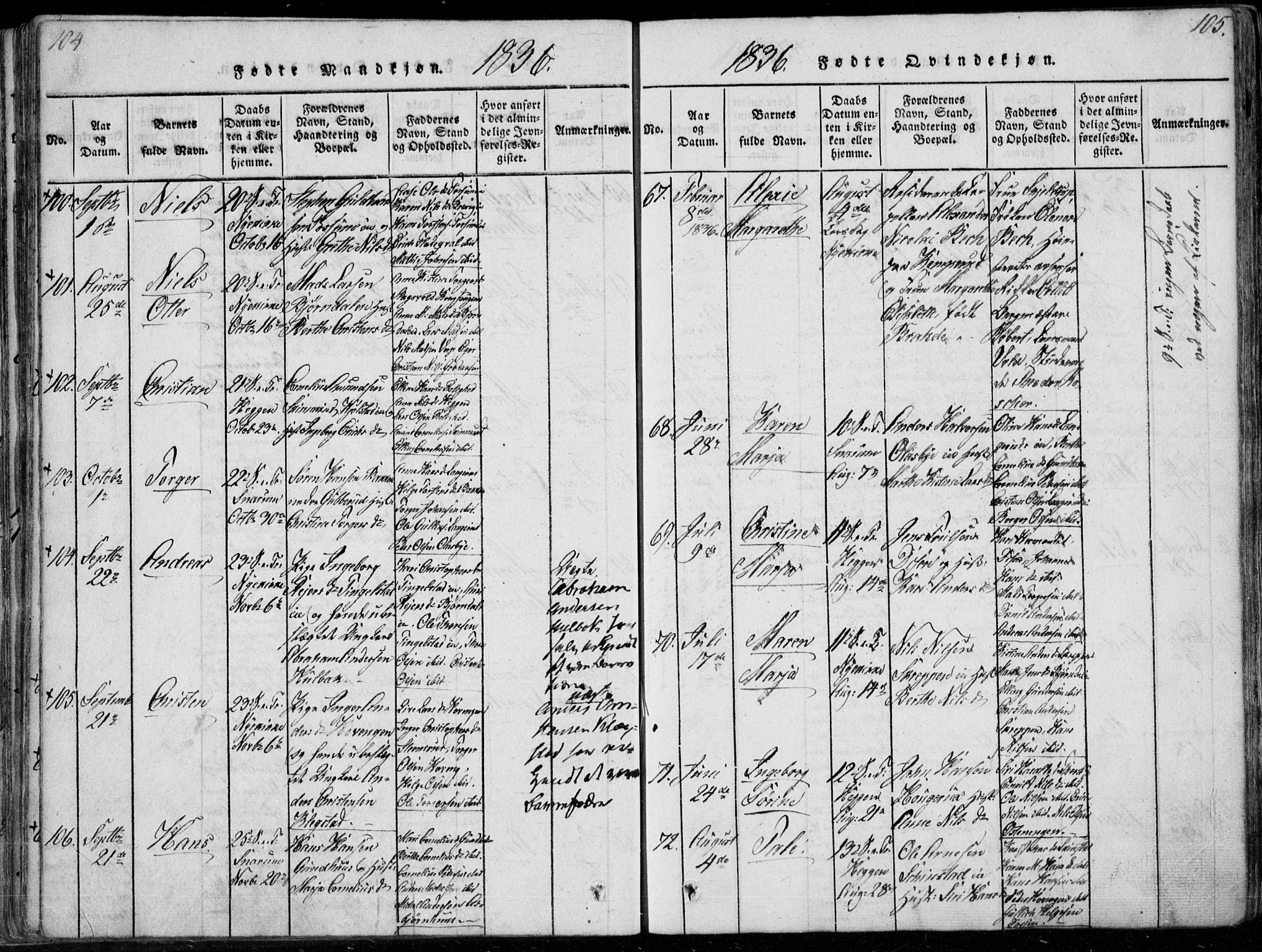 Modum kirkebøker, AV/SAKO-A-234/F/Fa/L0006: Ministerialbok nr. 6, 1832-1841, s. 104-105
